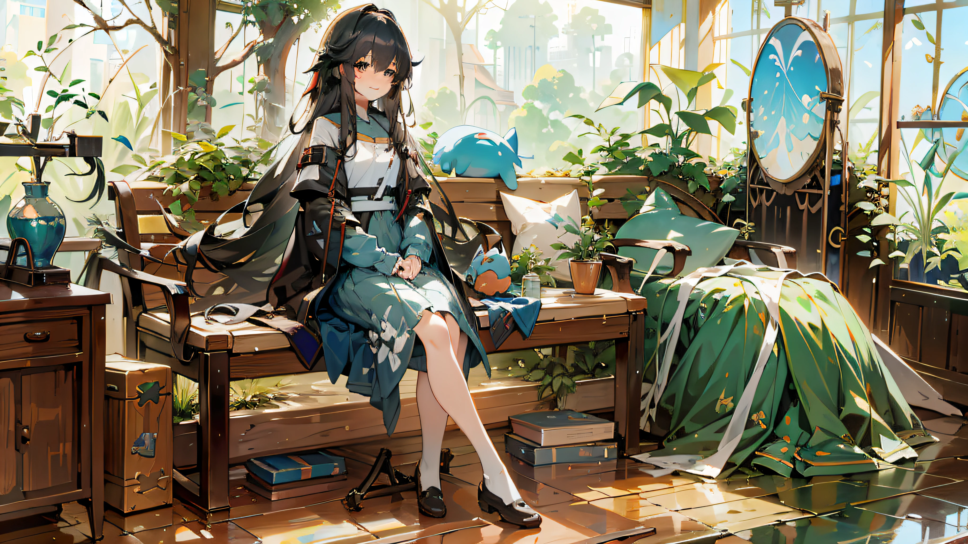 Anime girl sitting on bench in room with window, from Arknights, Kawacy, Guweiz on Pixiv art station, girl front style, digital art on Pixiv, fine details. , anime art wallpaper 8 K, anime style 4 K, beautiful anime artwork, Guvez style artwork white skin, straight long hair, clear big eyes, well-defined little cheeks, confident and playful smile. (masterpiece, best quality), (fingers five clear: 1.2), high contrast, high gloss, saturated shadows, at the same time noticeable and soft, low blur, clear details. (clear background + high image quality + best art style), soft sunshine, warm atmosphere, , dress, refreshing retro style, slight resort atmosphere