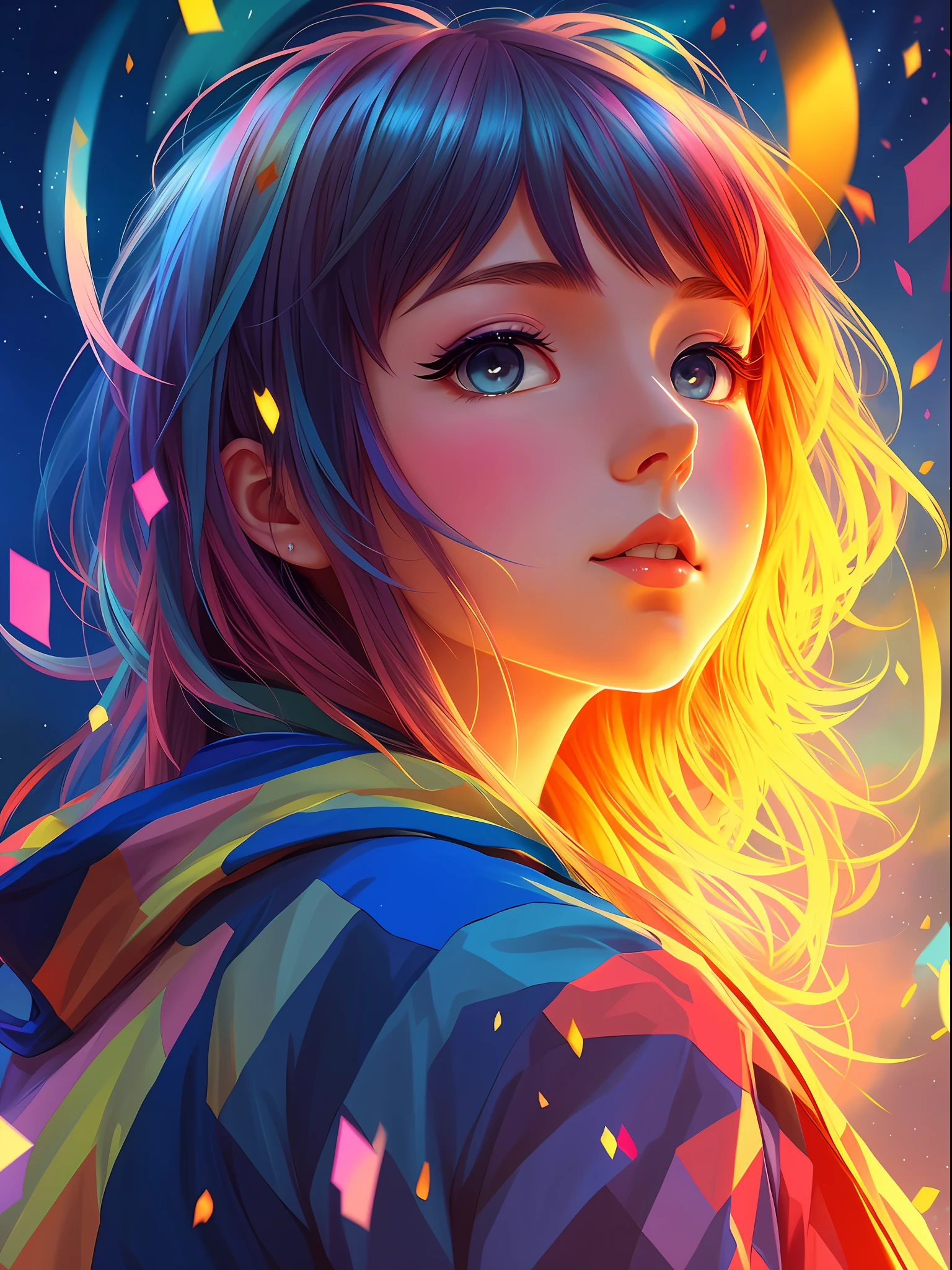 a girl with a bright hair and a blue jacket looks at the camera, inspired by Yuumei, digital anime art, colorful digital painting, rossdraws cartoon vibrant, anime style 4 k, alice x. zhang, by Yuumei, digital anime illustration, beautiful anime portrait, vibrant digital painting, detailed digital anime art, anime digital art