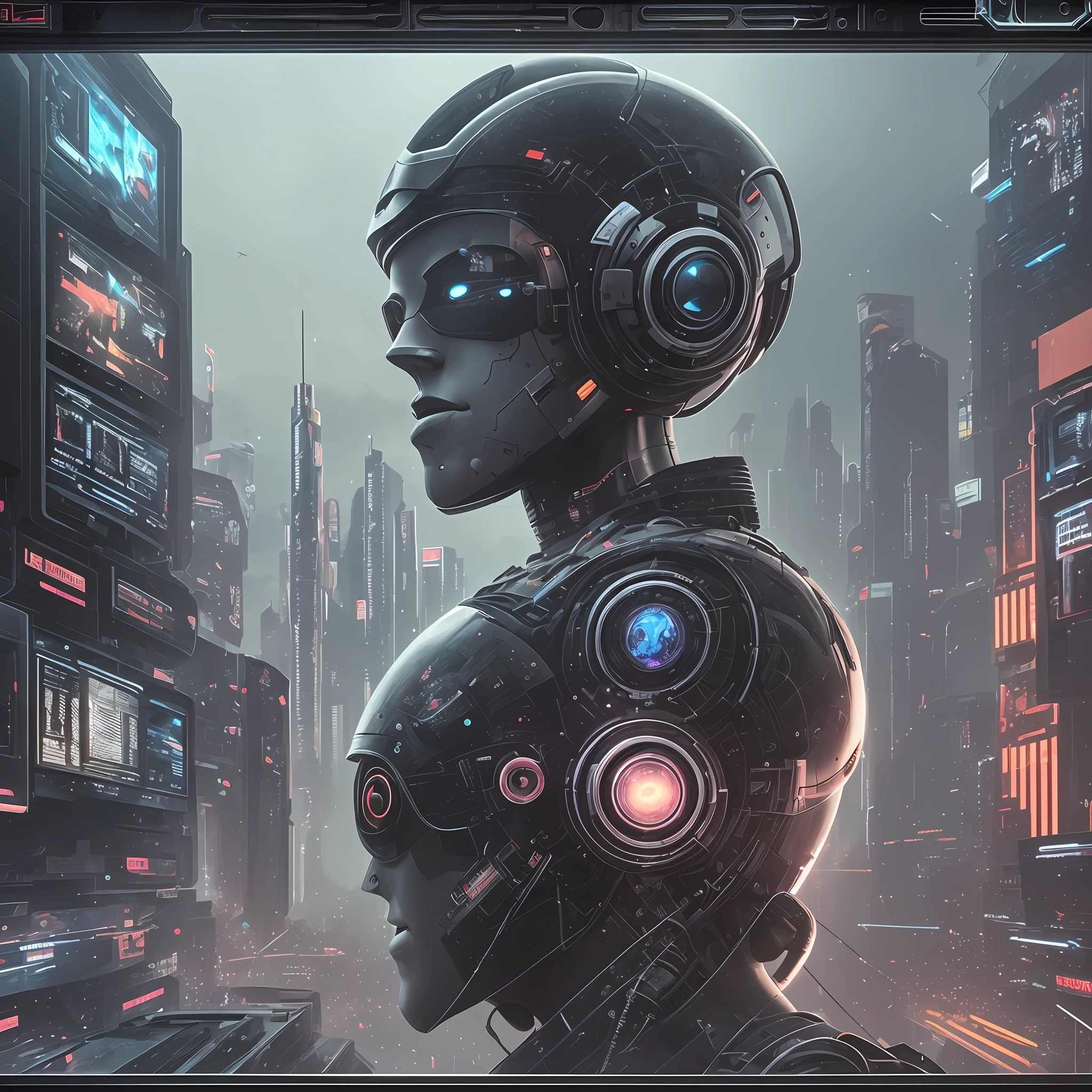 In front of a computer in the ruins of the post-war period, AI robot finger screen, AI robot head close-up, metaverse, dark surrealism style, futuristic technology, movie scenes, 3D modeling, galaxy in the background, cyberpunk --auto --s2