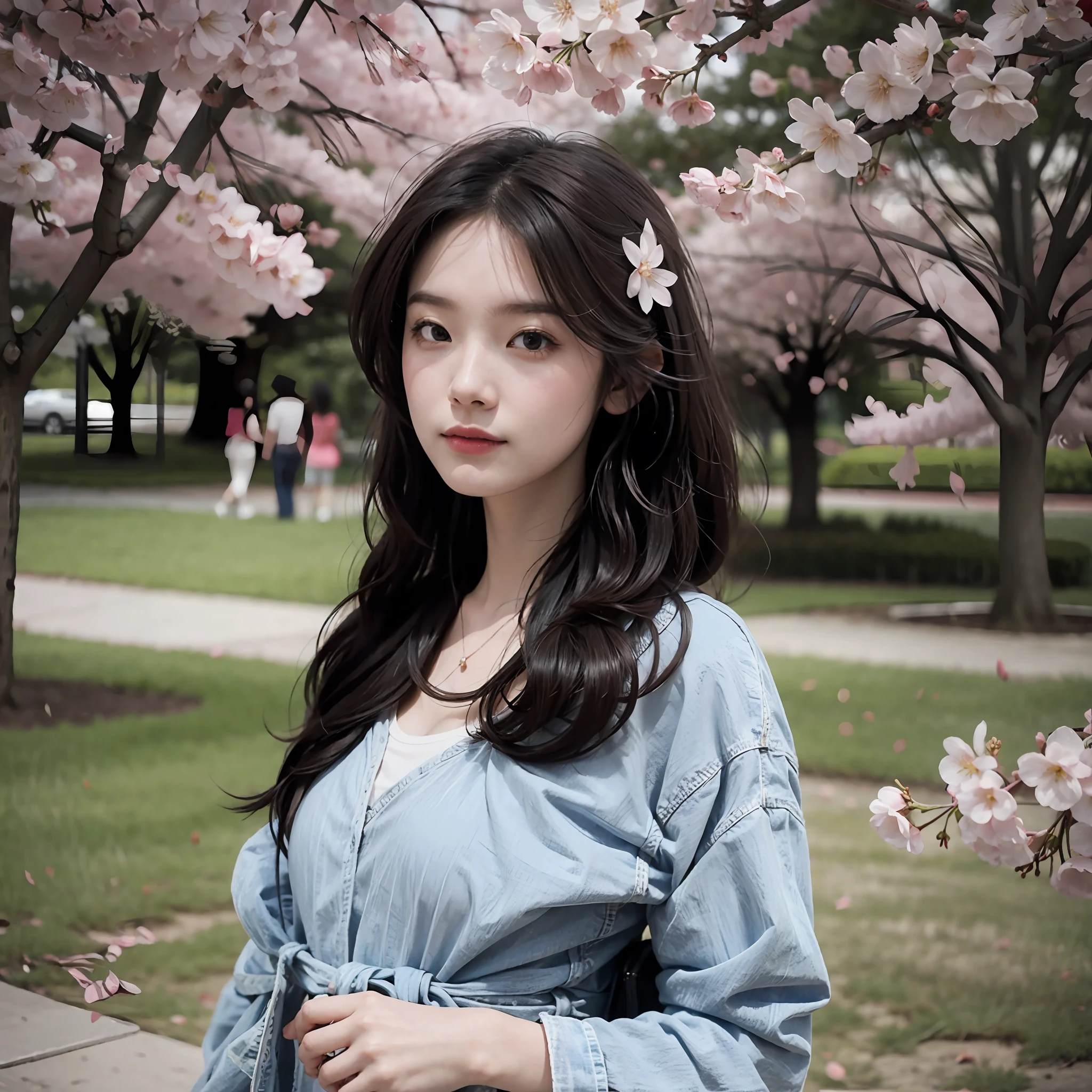 A girl on campus, cherry blossoms bloom