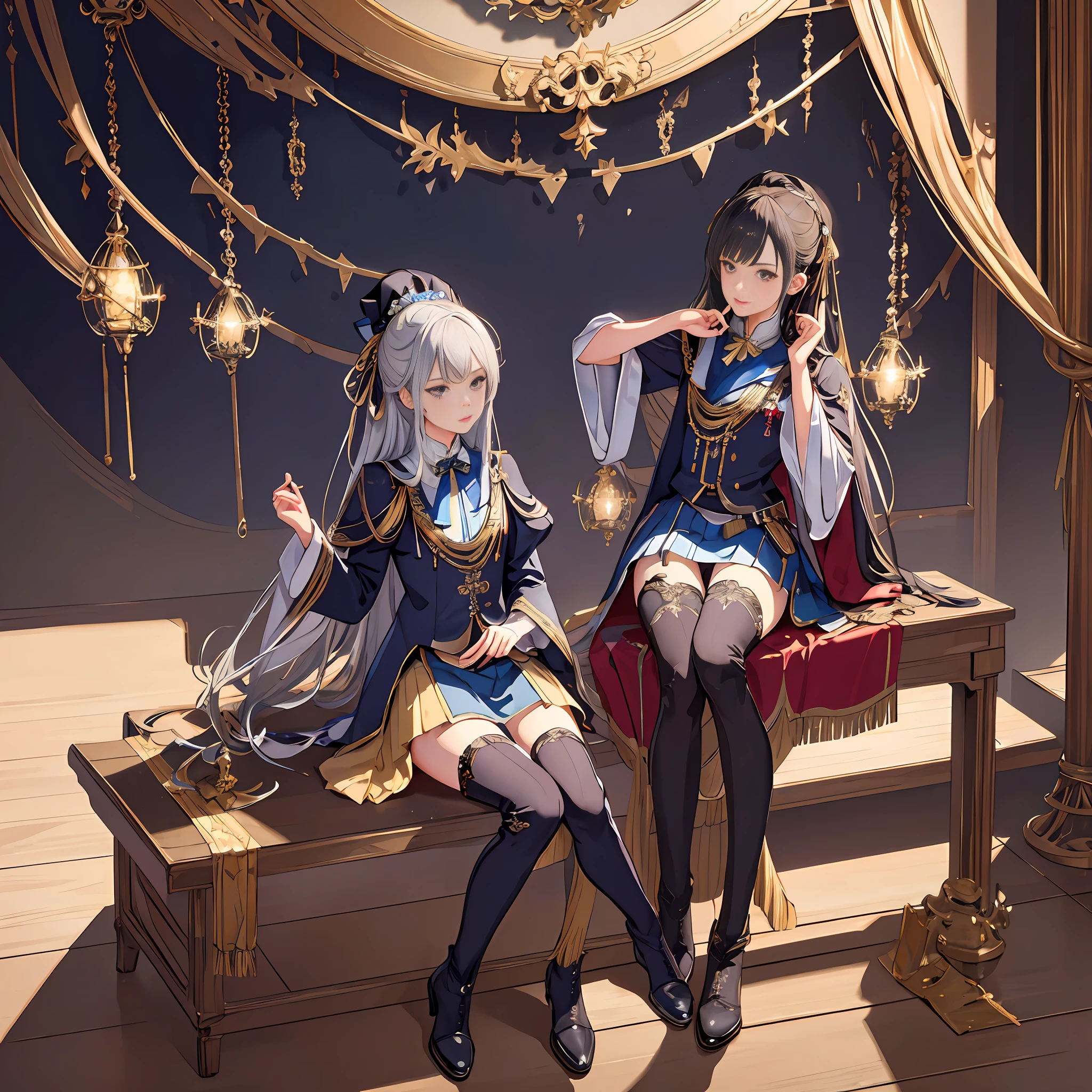 Official Art, Unity 8k wallpaper, super detailed, beautiful, beautiful, masterpiece, best quality, super detailed textures, asymmetrical aesthetics, dark, epic, atmospheric, mystical, taboo, art, victorian, military uniform, uniform, decoration, intricate, gold and silver products, supernatural, costume design, lace embellishment, 2 girls, leg cocked, sitting, stockings, boots, elegant, physically based rendering, high resolution