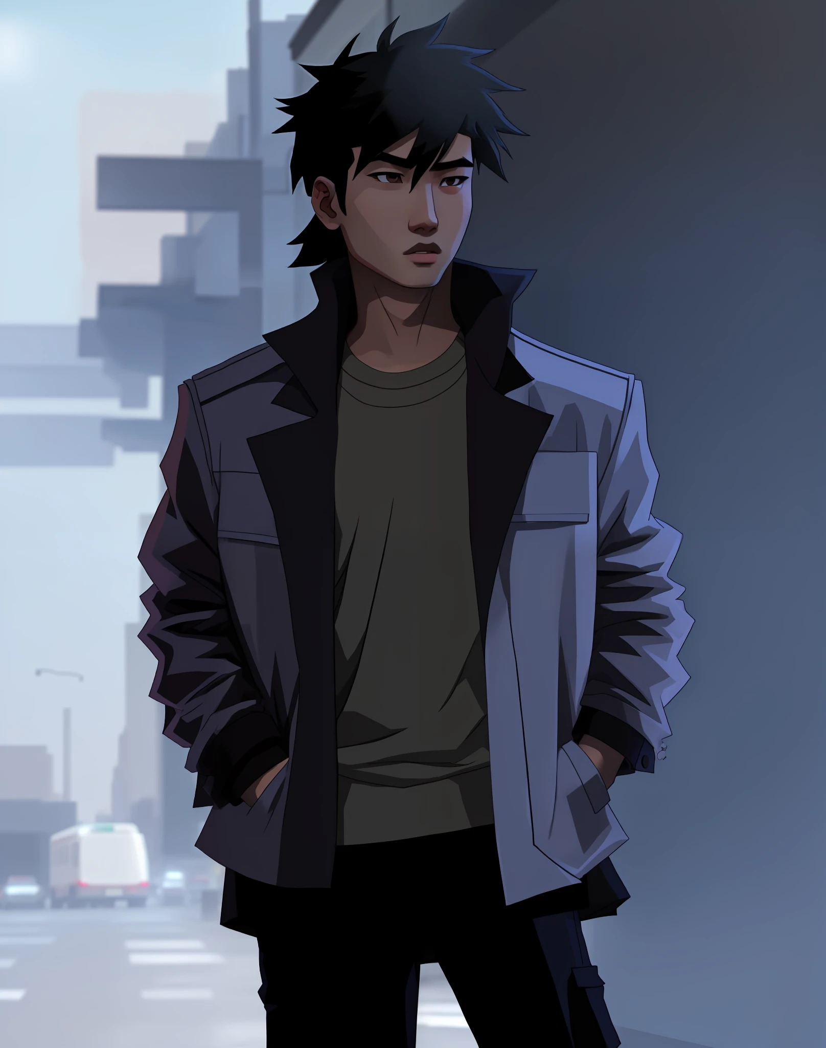 Young asian boy wearing coat with hands in pockets, black hair with mullet, messy hair, delinquent, cool, cold color palette