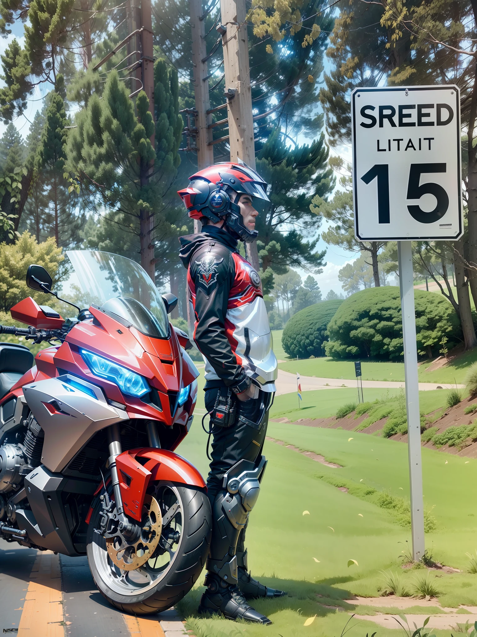 Cyber Warrior & Cybertech Mechanical Motorcycle, Mighty Male Warrior, Nousr, Biomechanics, MSHN Robot Man, Cybertech Full Surround Helmet, Surreal, Steel, Intricate Design, Crazy Detail, Fine Detail, Extremely Clear Lines, Cinematic Lighting, Photo Realistic, Detailed Masterpiece