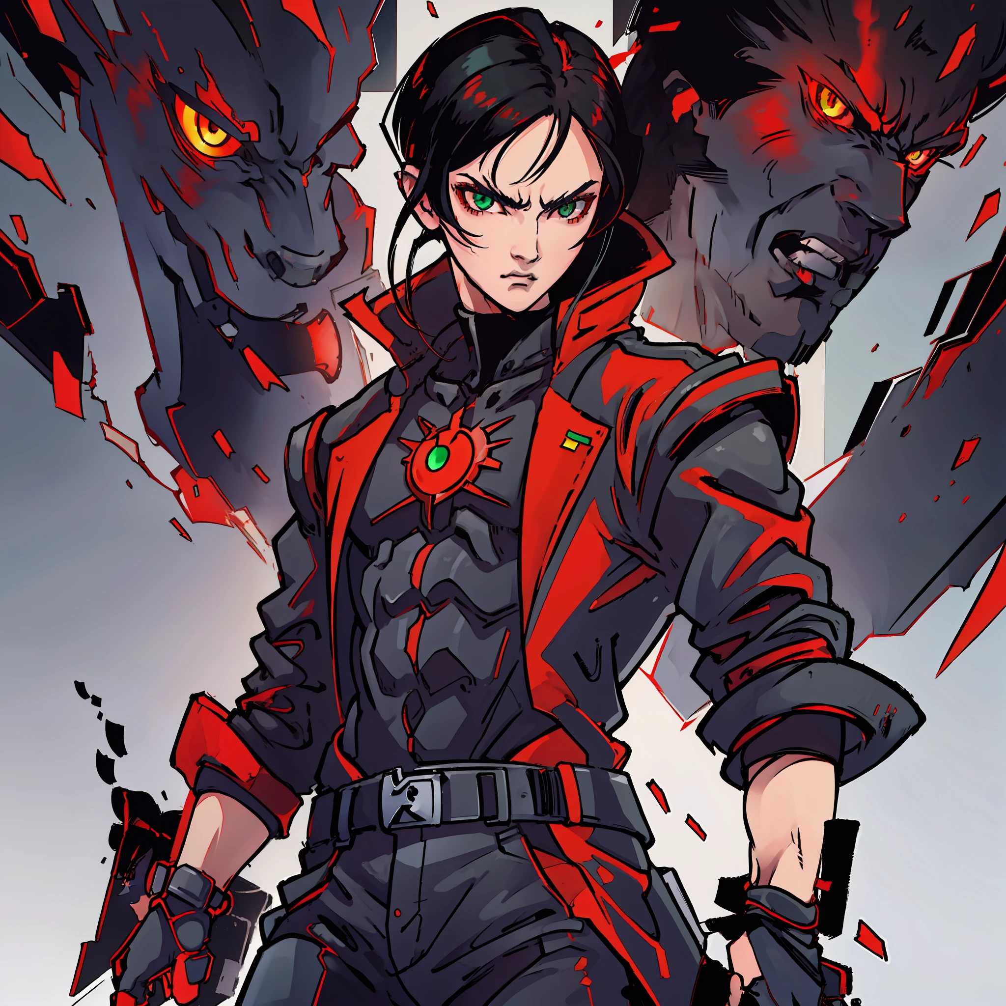 1 boy, black hair, red jacket, green eyes, Shigenori Soejima style, detailed anime, 1 dark iron fist