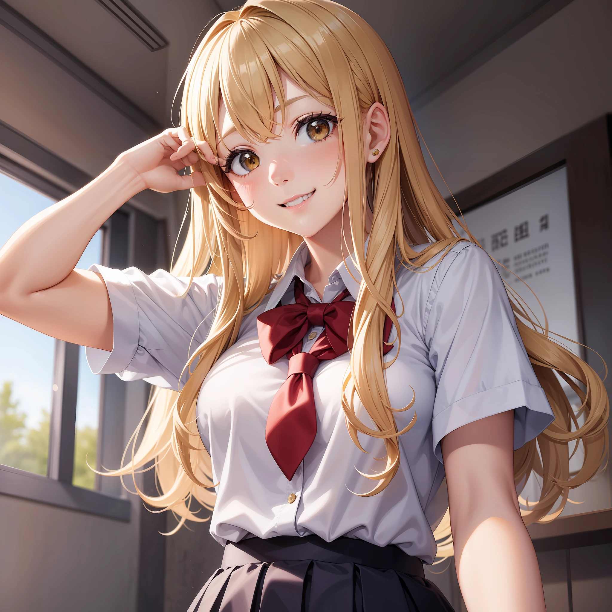 girl few smiling school uniform top quality beautiful girl harem masterpiece long hair blonde brown hair pin