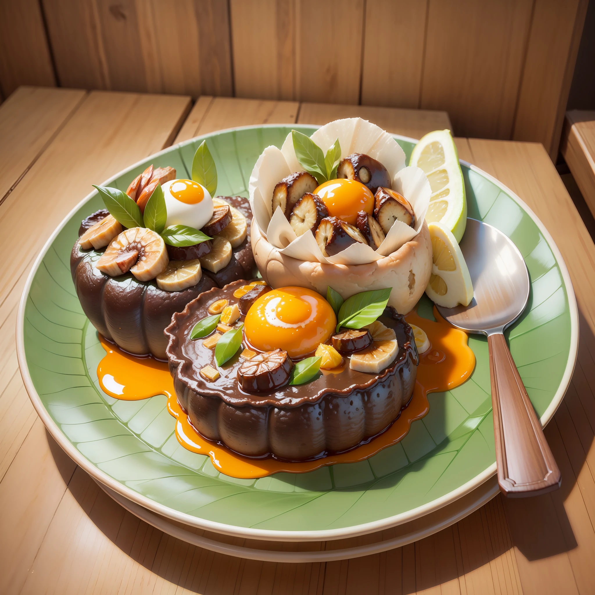 Highest Quality, Best Work, Masterpiece, RAW Photo Effect, Realistic Photo Effect, Super High Detail, Super Fine, Pastry with Triangle on Banana Leaf, Pastry with Sticky Rice, Shiitake Mushrooms, Shrimp, Egg Yolk, Pork Belly, , Pan Renwei Style, Triangle, Mashed, 5 D,