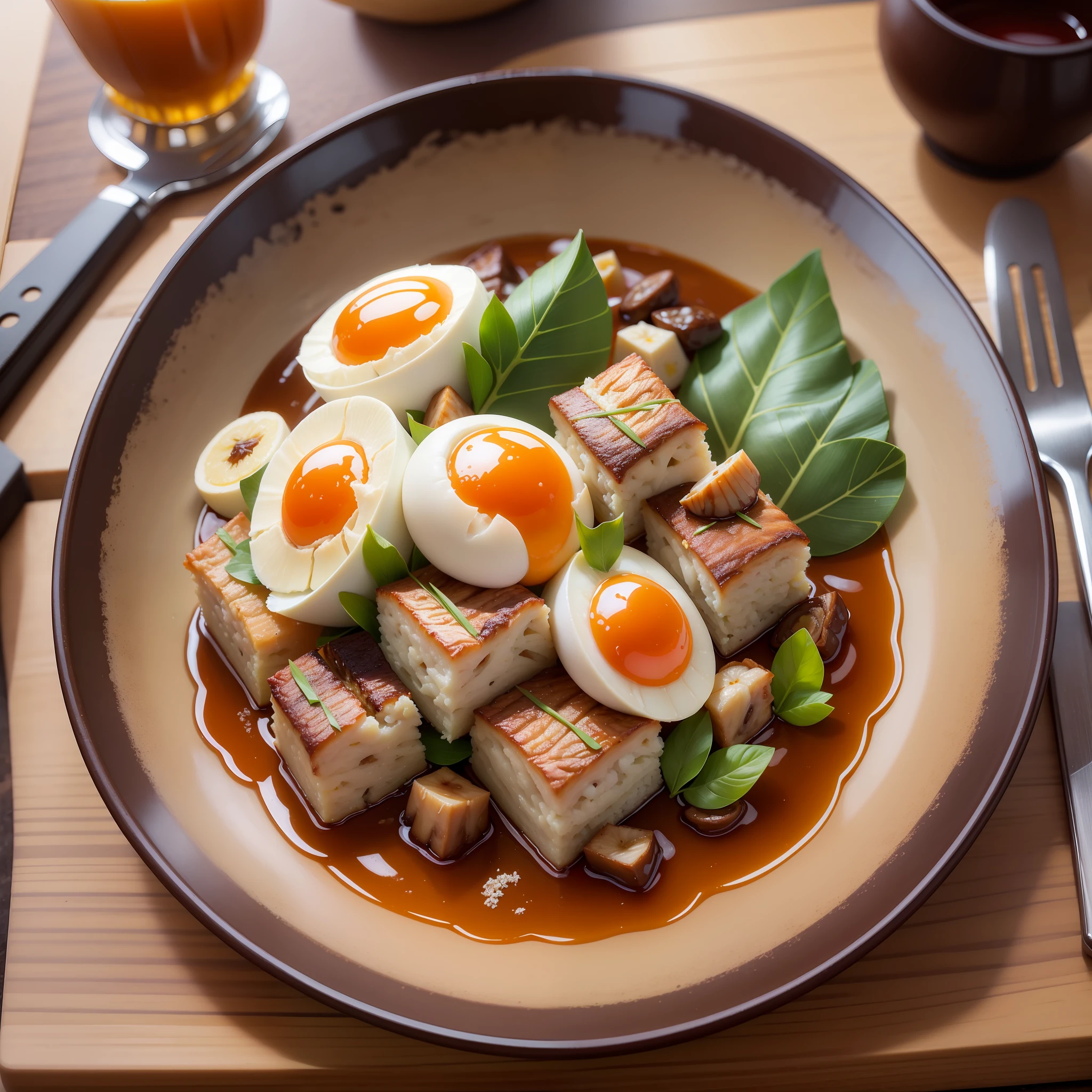 Highest Quality, Best Work, Masterpiece, RAW Photo Effect, Realistic Photo Effect, Super High Detail, Super Fine, Pastry with Triangle on Banana Leaf, Pastry with Sticky Rice, Shiitake Mushrooms, Shrimp, Egg Yolk, Pork Belly, , Pan Renwei Style, Triangle, Mashed, 5 D,