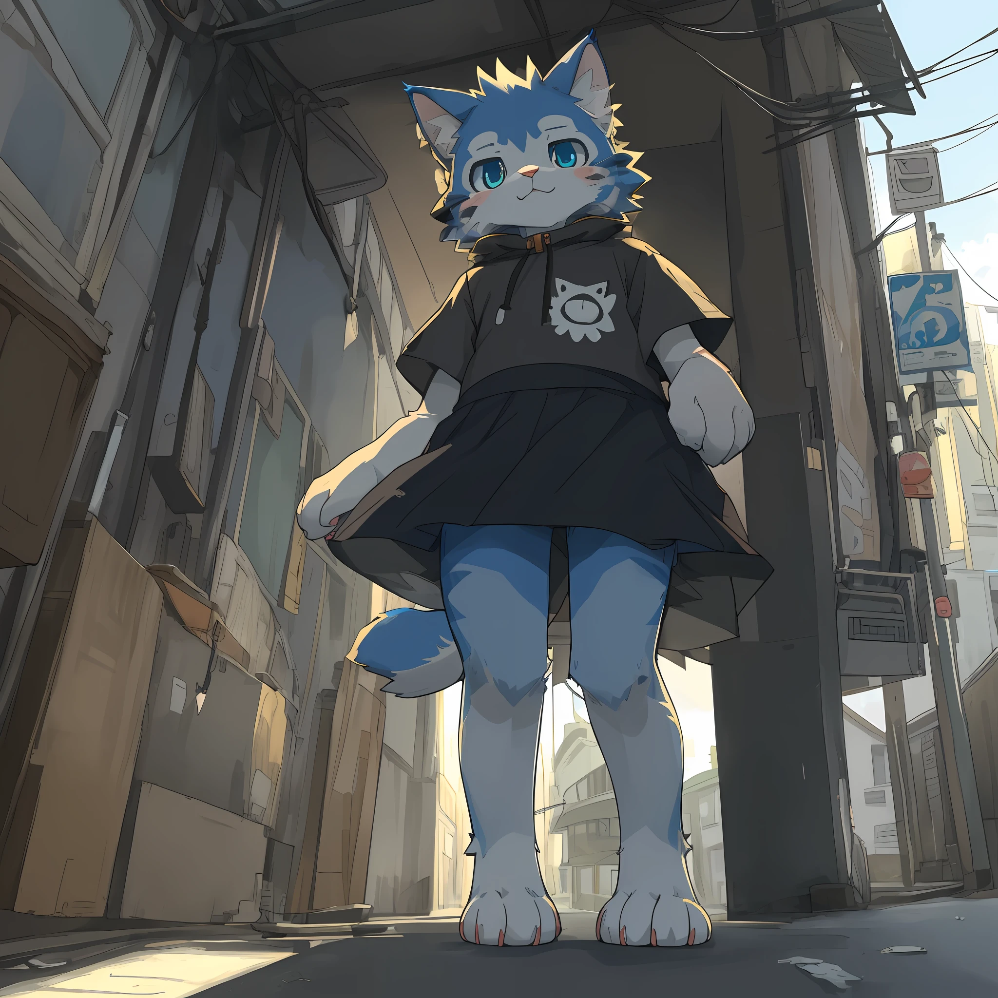 top quality, best quality, masterpiace, super high resolution, detailed background(highly detailed beautiful face and eyes)absurdres, perfect anatomy(1girl, , kemono, solo focus, Lost Kitten, children's clothing, The lost kitten seems to be in distress and on the verge of tears)(furry)(furry anthro:1.7)(Furry body, cat facial features, cat body features)(very detailed body fur)full body(anxious, cry:0.5)street, kids,ld, chfacial hair, volumetric lighting, from below,