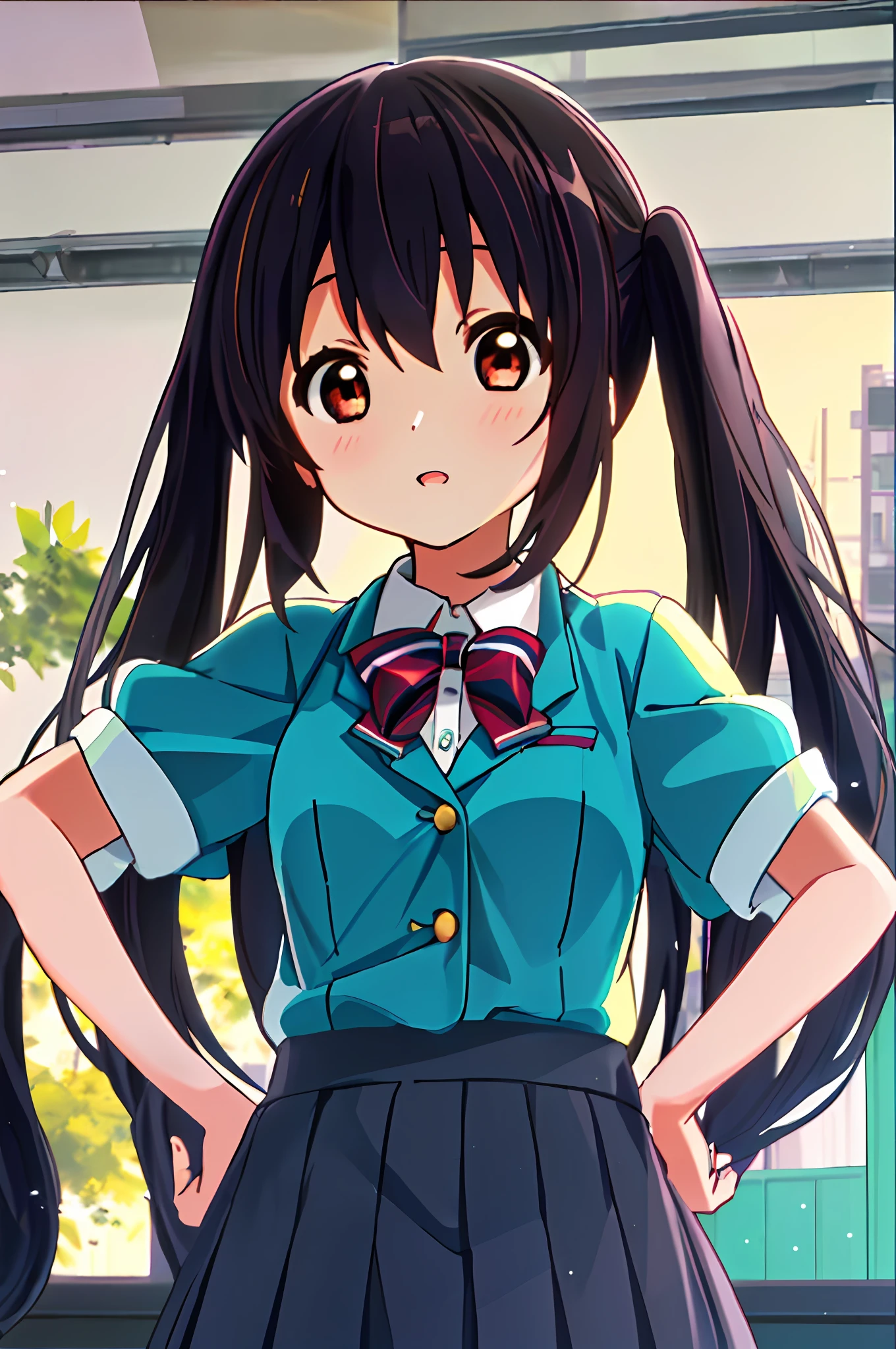 1girl, ((((Masterpiece))), Best Quality, Best Quality, High Detail, Azusa Nakano, 1girl, Sakuragaoka High School Uniform, Musical Instrument, School Uniform, Twin Tails, Long Hair, Black Hair, Brown Eyes, Solo, Red, Dark blue blazer with a thin ribbon of red, Solid white button shirt under blazer, Illustration, Cartoon, Soothing tones, Muted colors, Soft cinematic light, Adobe Lightroom, Photo Lab, HDR, complex and highly detailed, (((depth of field))))). (((Masterpiece))). (((highest quality))).) ((super detail))). (((Illustration))).Put your hands on your hips.Stretch your chest.Clench your fists.