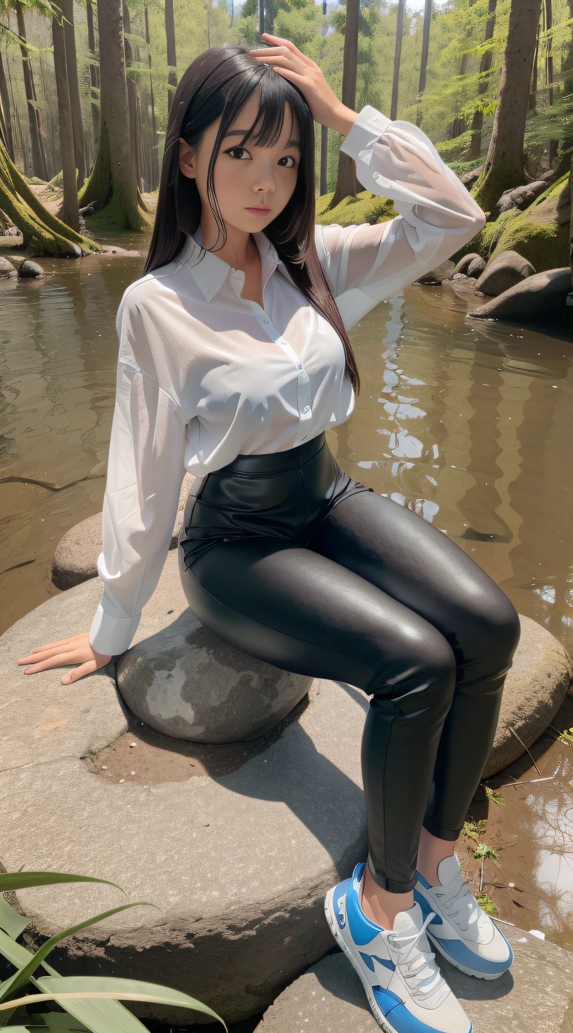 A girl in a soaked white shirt, black leather pants and blue sneakers sits on a large rock in the forest, surrounded by water
