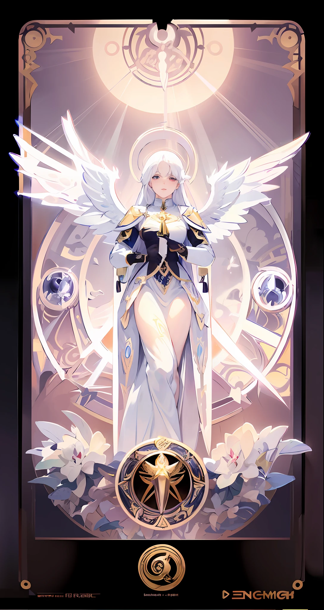 a woman with white hair and wings holding a sword in her hands, knights of zodiac girl, portrait knights of zodiac girl, goddess of light, holy paladin, angel knight girl, full - body majestic angel, seraphim, high priestess, tall female angel, an angel of the dawn light, as a mystical valkyrie, anime fantasy illustration