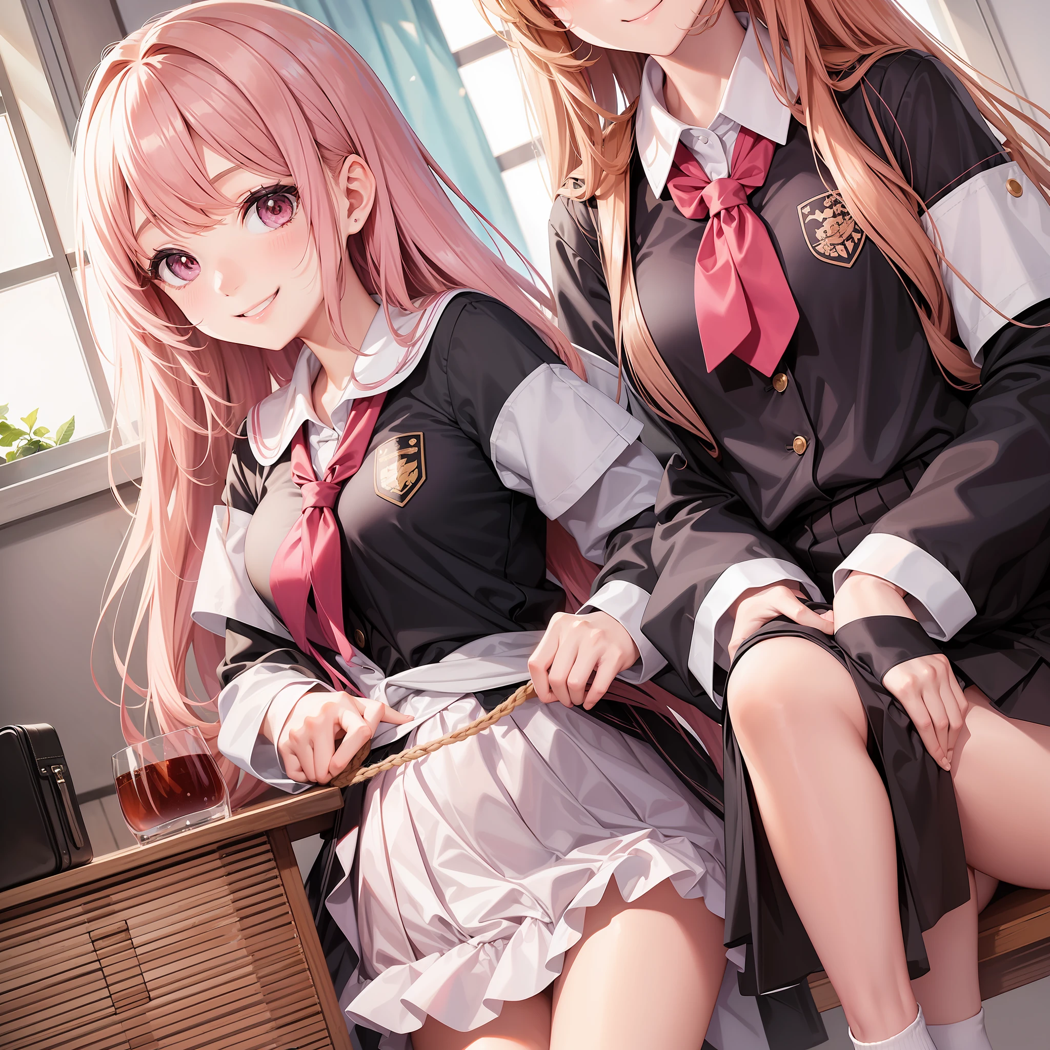 Girl Smiling School Uniform Best Quality Multiple Girls Harem Masterpiece Long Hair Blonde Brown Hair Pink Hair