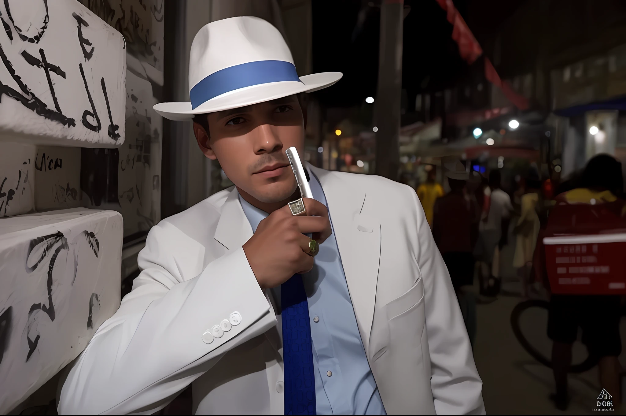 Man in white suit and blue tie holding a razor, white suit and hat, man in hat, wearing white suit, dressed as in the 1940s, wearing light blue suit man in white suit and red tie reading a newspaper, white suit and hat, a man in a hat, tilting his fedora, detective noir and a fedora, wearing white suit, white suit, handsome man, instagram photo, straw hat and album, wearing futuristic white suit, masterpiece, best quality, high quality, 8k wallpaper of extremely detailed CG unit, award-winning photography, Bokeh, Depth of Field, HDR, bloom, chromatic aberration, photorealistic, extremely detailed, trend in artstation, trend in CGsociety, intricate, high detail, dramatic, art in the middle of the journey, Volumetric lighting