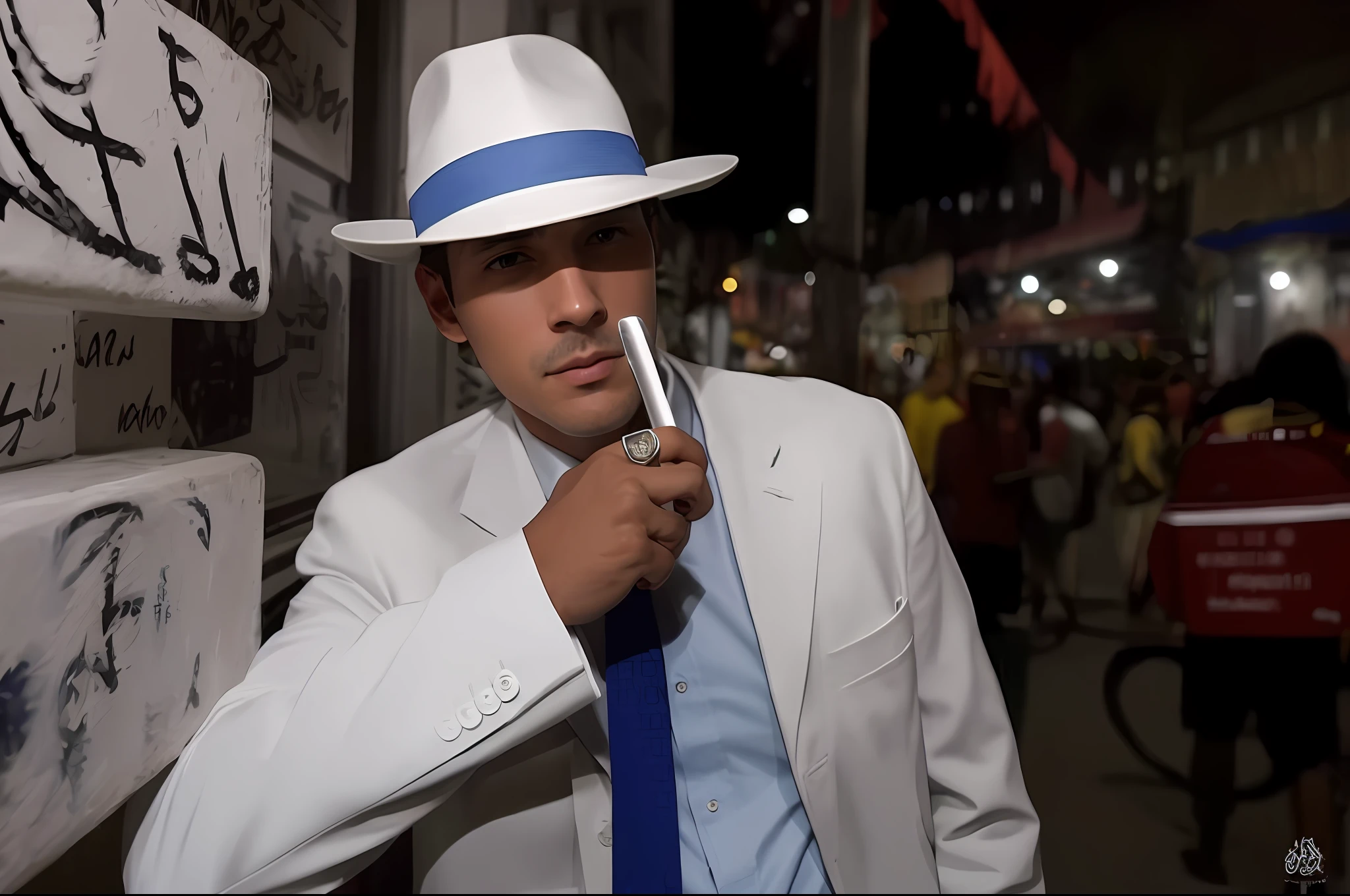 Man in white suit and blue tie holding a razor, white suit and hat, man in hat, wearing white suit, dressed as in the 1940s, wearing light blue suit man in white suit and red tie reading a newspaper, white suit and hat, a man in a hat, tilting his fedora, detective noir and a fedora, wearing white suit,  white suit, handsome man, instagram photo, straw hat and album, wearing futuristic white suit, masterpiece, best quality, high quality, 8k wallpaper of extremely detailed CG unit, award-winning photography, Bokeh, Depth of Field, HDR, bloom, chromatic aberration, photorealistic, extremely detailed, trend in artstation, trend in CGsociety, intricate, high detail, dramatic, art in the middle of the journey,  Volumetric lighting
