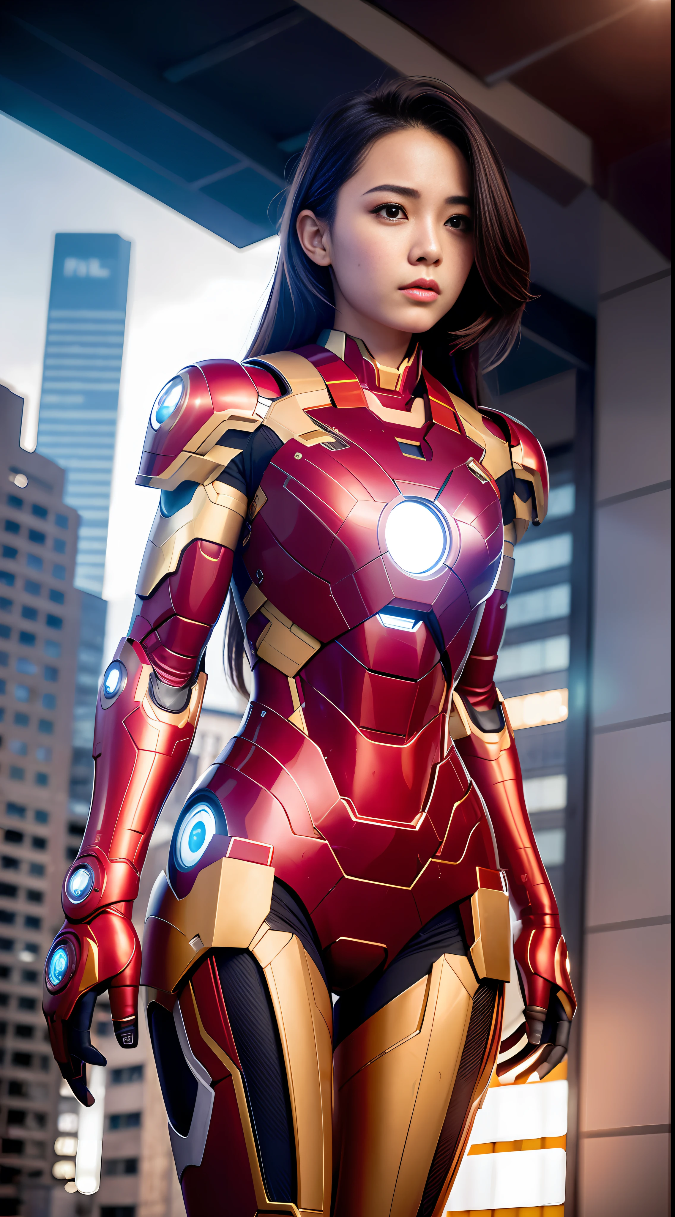 (1girl: 1.3), solo, __body-parts__, official art, unity 8k wallpaper, ultra detailed, beautiful and aesthetic, beautiful, masterpiece, best quality, RAW, masterpiece, super thin photo, best quality, super high resolution, photorealistic, sunlight, full body nude, incredibly beautiful,, dynamic pose, delicate face, vibrant eyes, (side view), she is wearing a futuristic Iron Man mech, red and gold, Highly detailed abandoned warehouse background, detailed face, complex background detailed busy, messy, gorgeous, milky, highly detailed skin, realistic skin details, visible pores, sharp focus, volumetric mist, 8k uhd, DSLR camera, high quality, film grain, light skin, photorealism, lomography, expanding metropolis in a futuristic dystopia, view from below, translucent