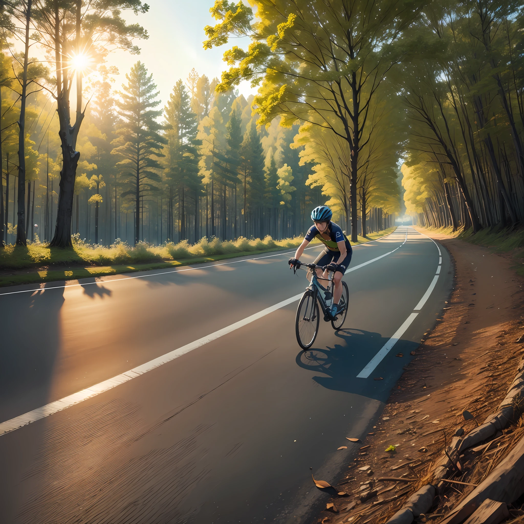 1 boy , cycling, forest, Highway,sun set time, --auto --s2