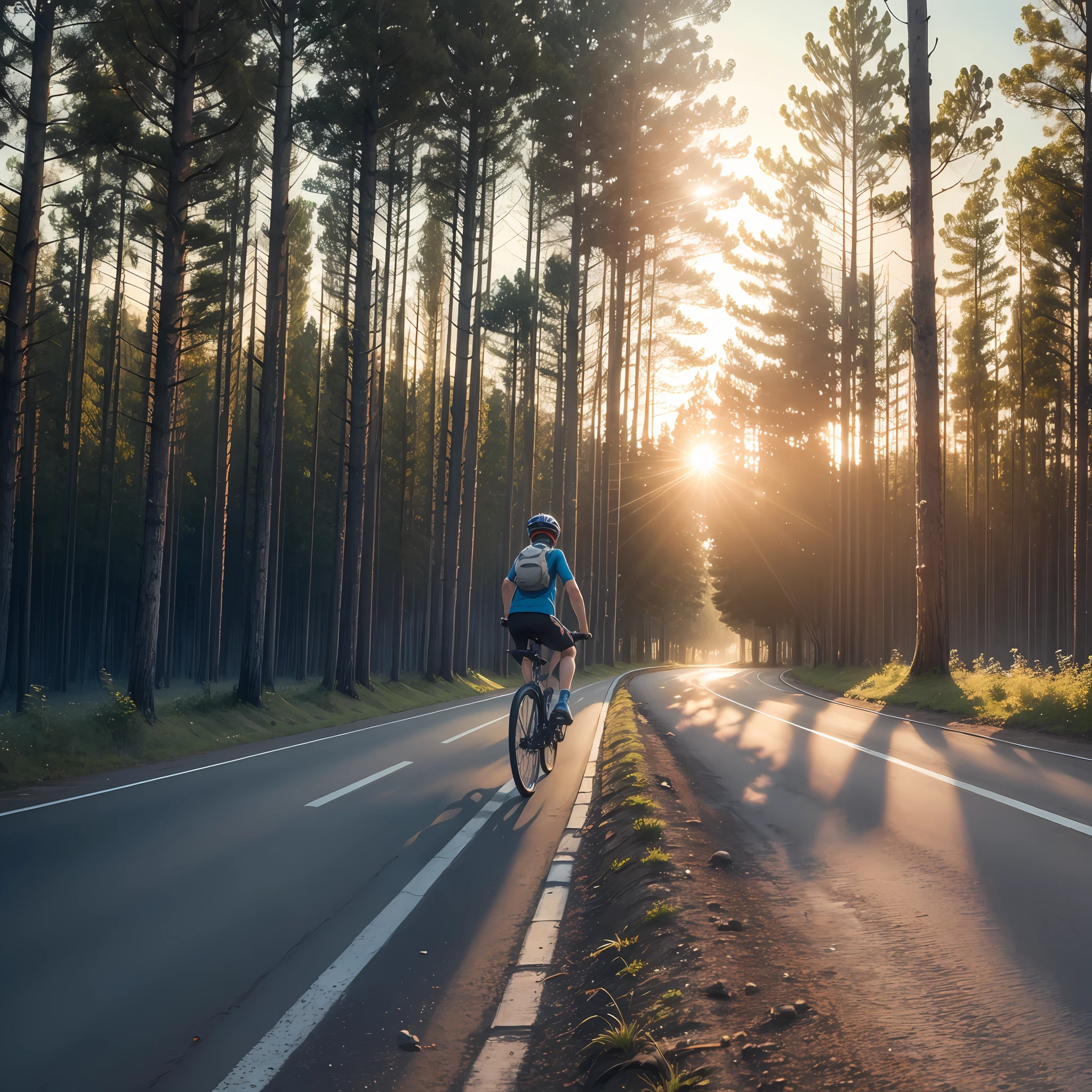 1 boy , cycling, forest, Highway,sun set time, --auto --s2