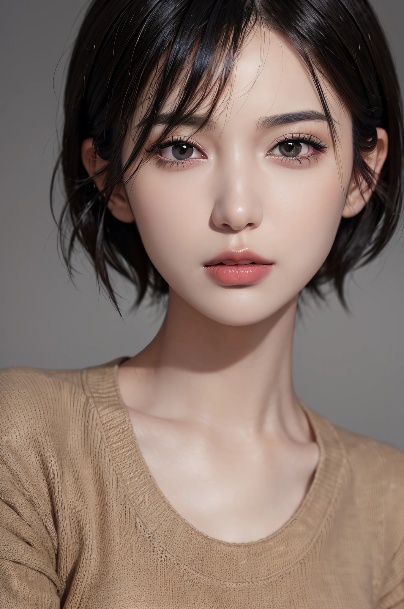 (masterpiece:1.3), (8k, photorealistic, RAW photo, best quality: 1.4), (1girl), beautiful face, (realistic face), (black hair, short hair:1.3), beautiful hairstyle, realistic eyes, beautiful detailed eyes, (realistic skin), beautiful skin, (sweater), absurdres, attractive, ultra high res, ultra realistic, highly detailed, golden ratio