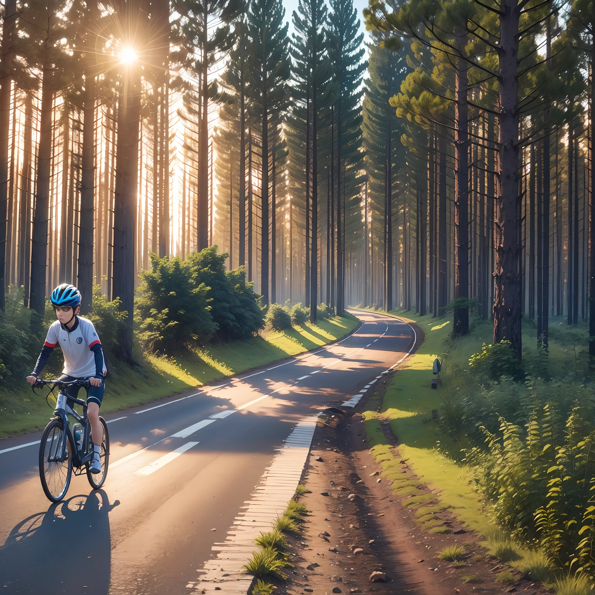 1 boy , cycling, forest, Highway,sun set time, --auto --s2