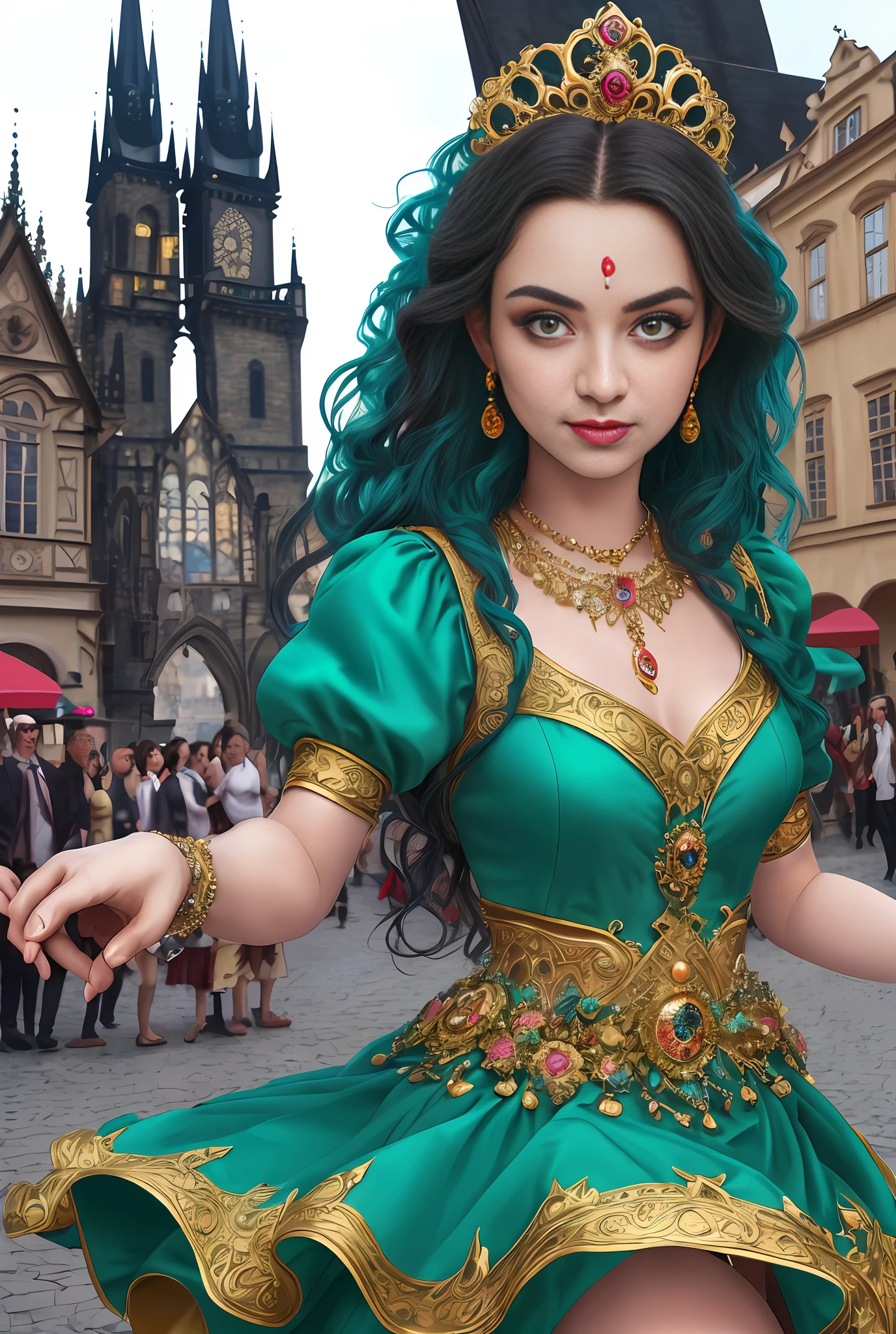 (masterpiece, best quality, realistic),
1girl,Prague Old Town Square background, gypsy dress,(princess eyes,shiny pupils),dancing, intricate,teal hue dress, gold, gypsy person, banquet, crowd, picking up skirt,pale skin,
[slight smile],