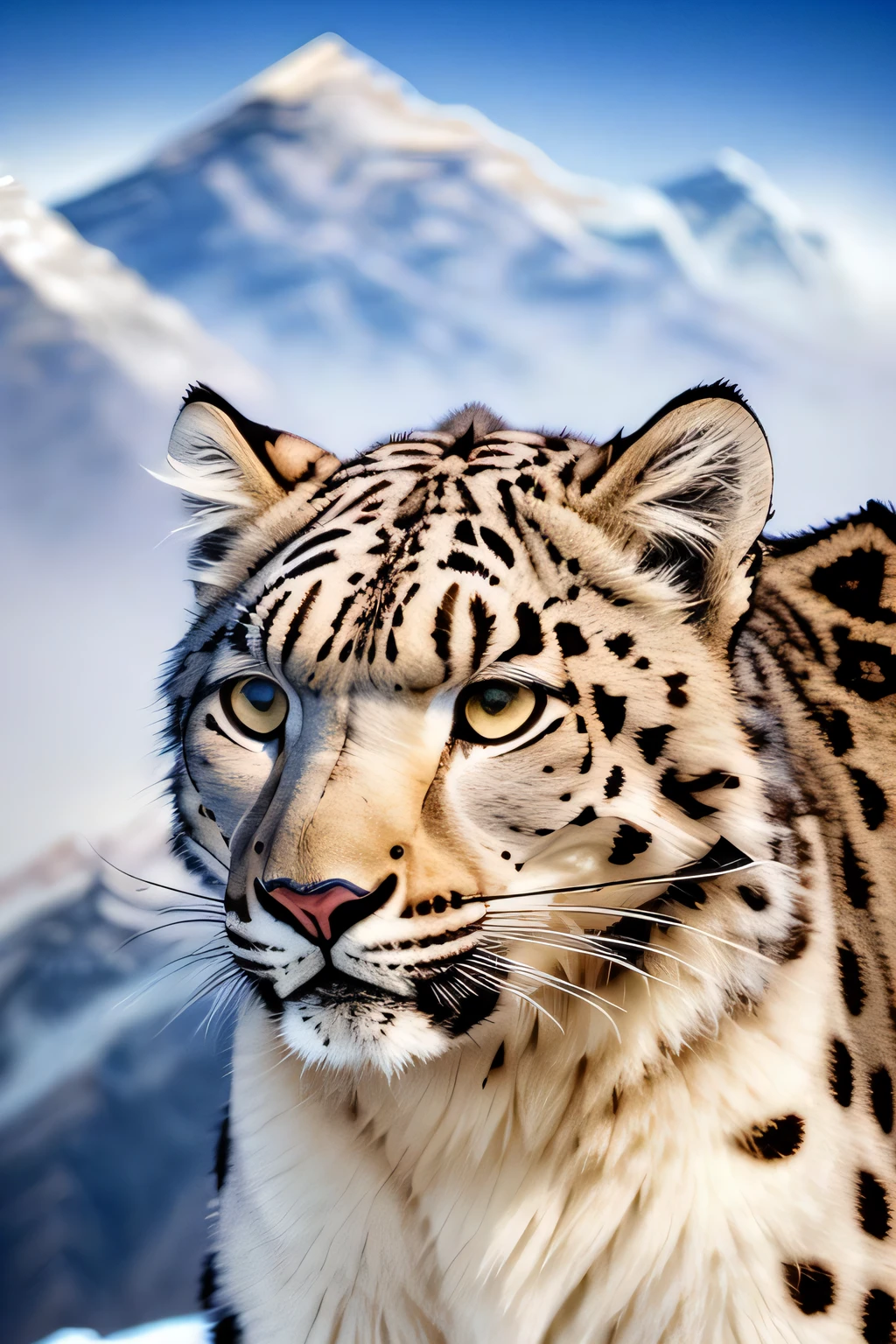 (Mount Everest:1.4), snow leopard snow-covered slope, rocky mountainside, snowy mountains, high mountains, high mountains in the background, high altitude, mountains, winter, blizzard, winter, heavy snowfall, snowfall, (blizzard:1.4), looks at the viewer, full body view, focus on the eyes, symmetrical, dramatic light, masterpiece, highest quality, incredible sharpness, high sharpness, (insanely detailed, bloom:1.5), (highly detailed photo:1.5), photorealistic, photography, realistic, real shadow, side view, by National geographic, by Wildlife Redesign, by wildlife photography workshop, Wildlife Photography Awards, soft focus, hyper detailed eyes, EF 200mm