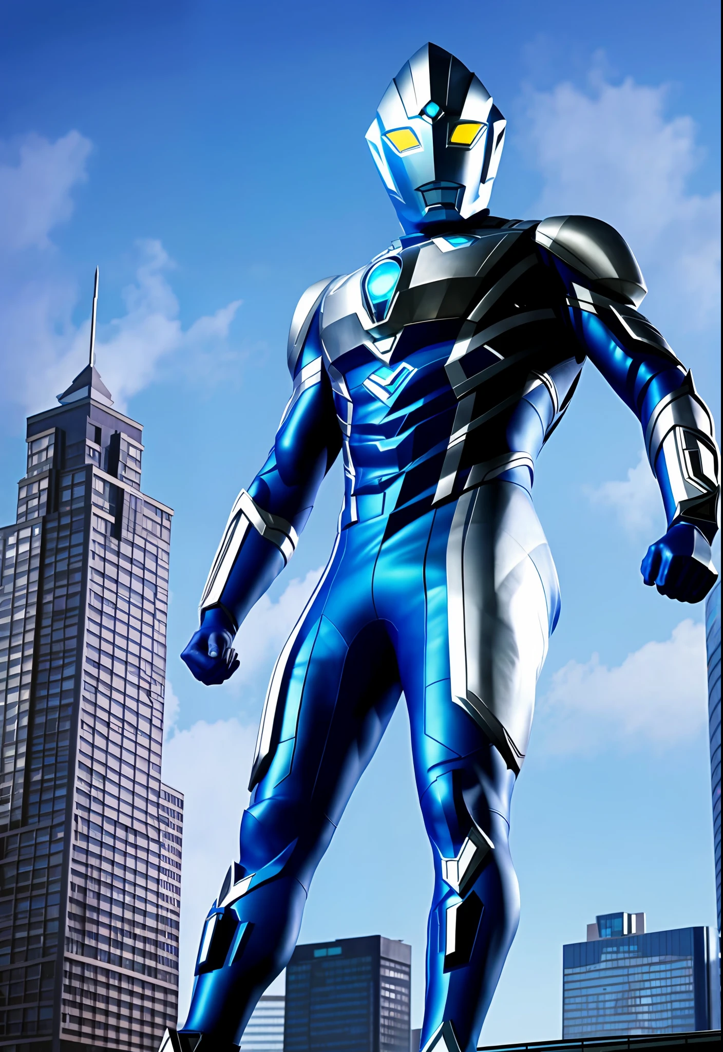 ultraman, giant hero, [blue:black:15], city, building, (full body), cinematic lighting, highly detailed, hdr, realistic, (((detailed background))), perfect anatomy, (fighting pose),