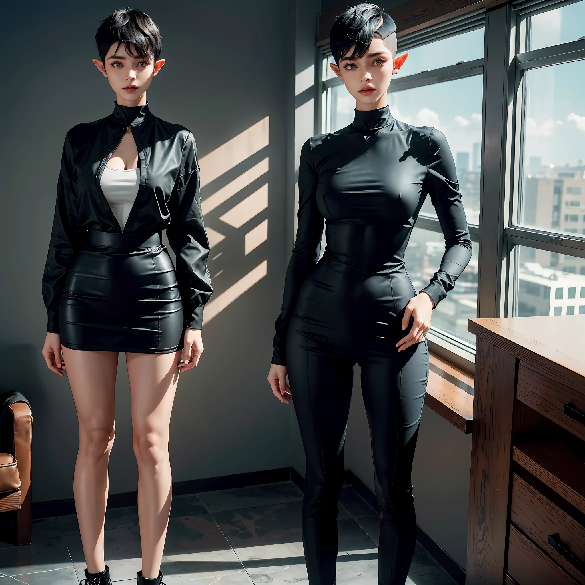 a 30 yo elf woman, wearing sexy corporate clothes (hi-top fade:1.3), standing in office, full body shot, long hair,dark theme, soothing tones, muted colors, high contrast, (natural skin texture, hyperrealism, soft light, sharp),
