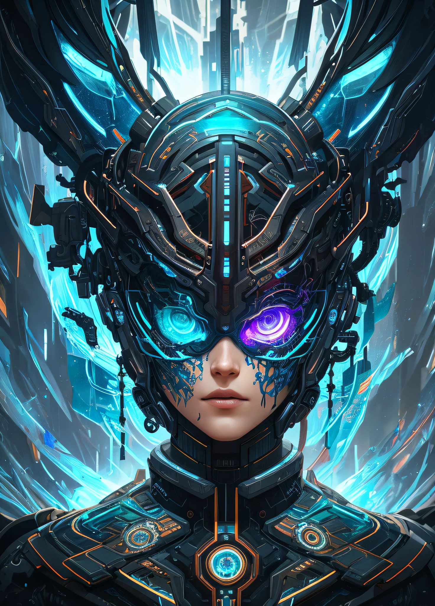 Cyborgdiffusion, Centered female anime character, oni mask, glitch art, glitchcore, organic, forest druid, dark soul boss, cyber punk, hellscape, portrait, male anime character, robot, masterpiece, intricate, highly detailed, sharp, tech rings, by james mccarthy, bright blue lush bioluminescent seascape, by beeple and johfra bosschart, combination in ayami kojima style,  highly detailed, painting, 3d render beeple, Unreal engine render, intricate abstract, intricate artwork, by Tooth Wu, Wlop, Beeple, Dan Mumford. concept art, octane rendering, trends in artstation, very coherent symmetrical artwork by Greg Rutkowski. cinematics, key art, hyperrealism, high detail, rendered octane, 8K, iridescent accents, Overlord albedo, the gem library, intricate abstract. Intricate art, by Tooth Wu, Wlop, Beeple, Dan Mumford. concept art, octane rendering, trends in artstation, very coherent symmetrical artwork by Greg Rutkowski. Cinematics, key art, hyperrealism, high detail, octane rendering, 8k, iridescent accents