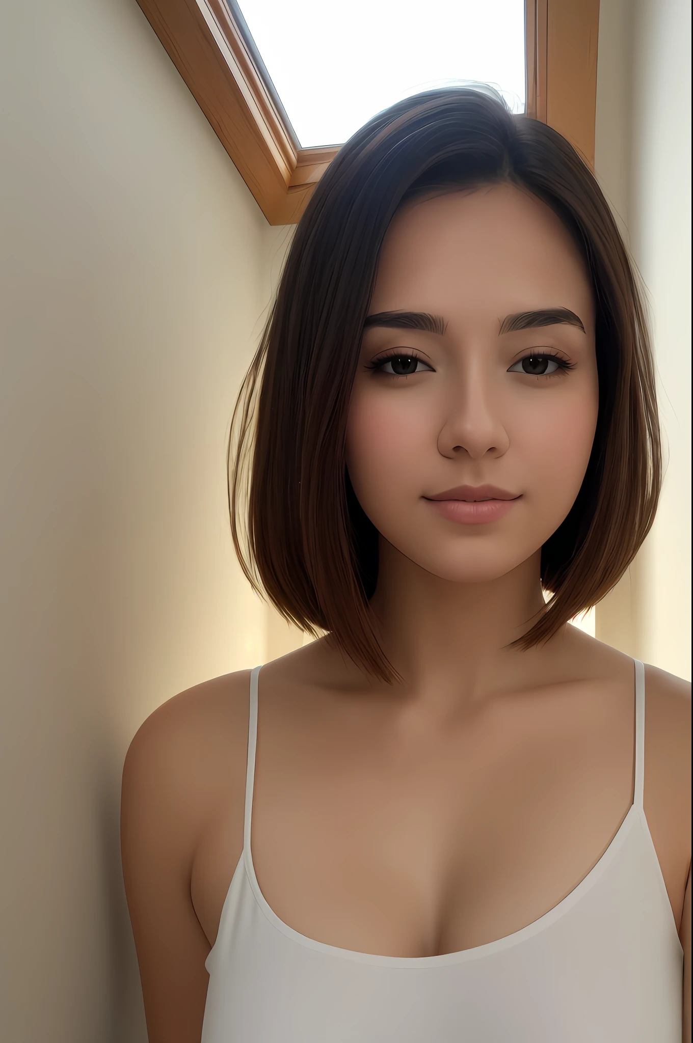 {best quality}, {{masterpiece}}, {an extremely delicate and beautiful},Outstanding light and shadow, extremely detailed wallpaper,Clear and bright sunlight,head portrait,1girl,big breast,Blush,short wave hair,Strong sunlight,,blue shirt,suit,Delicate hair,Real skin texture, sagging chest,clear pores and skin wrinkles,Wide shoulders,window,((strong light shines on the face)),  upper body,