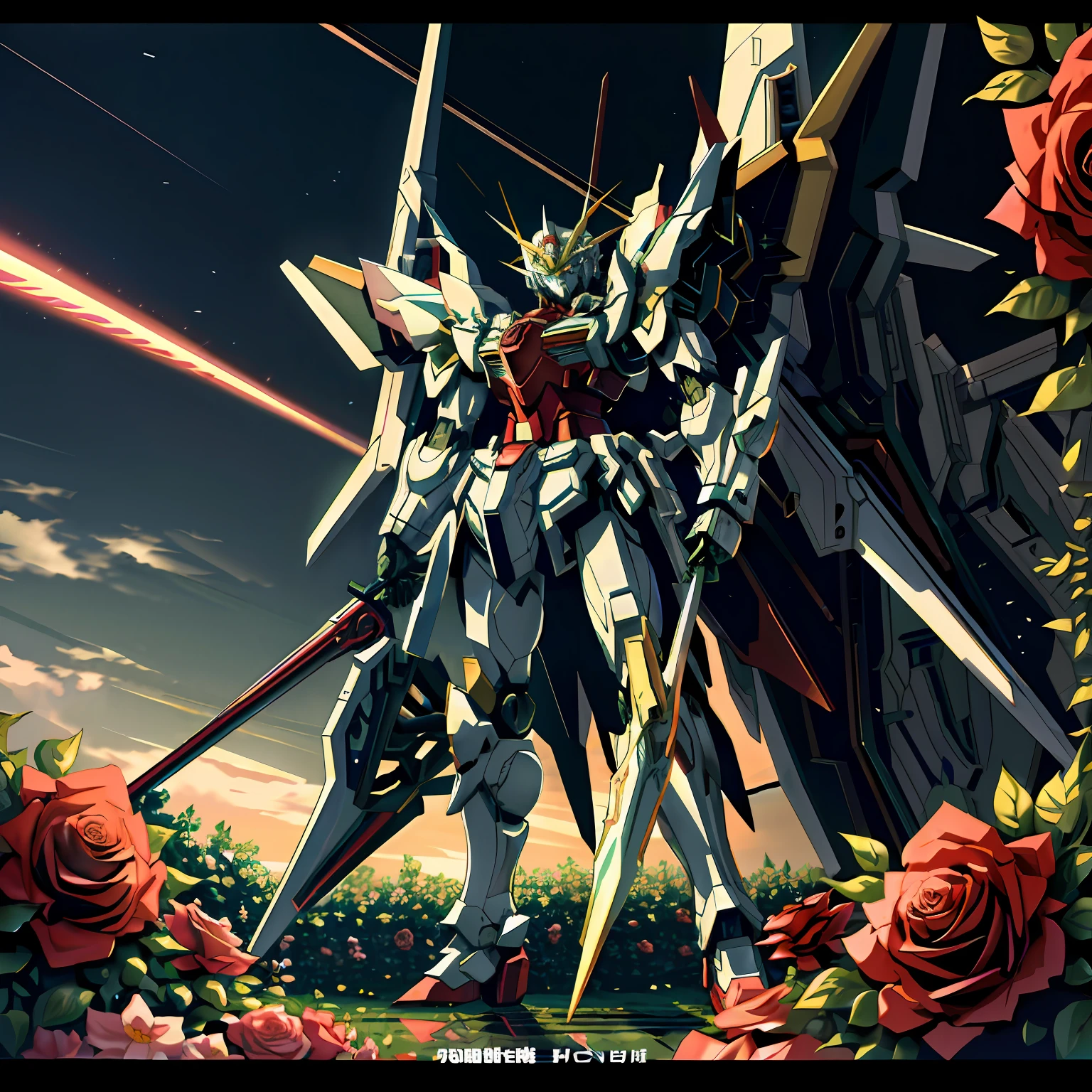 Masterpiece, detailed, with a garden full of roses in the background, and in the middle of the picture stands Gundam, armor reflective and transparent, with glowing eyes of battle