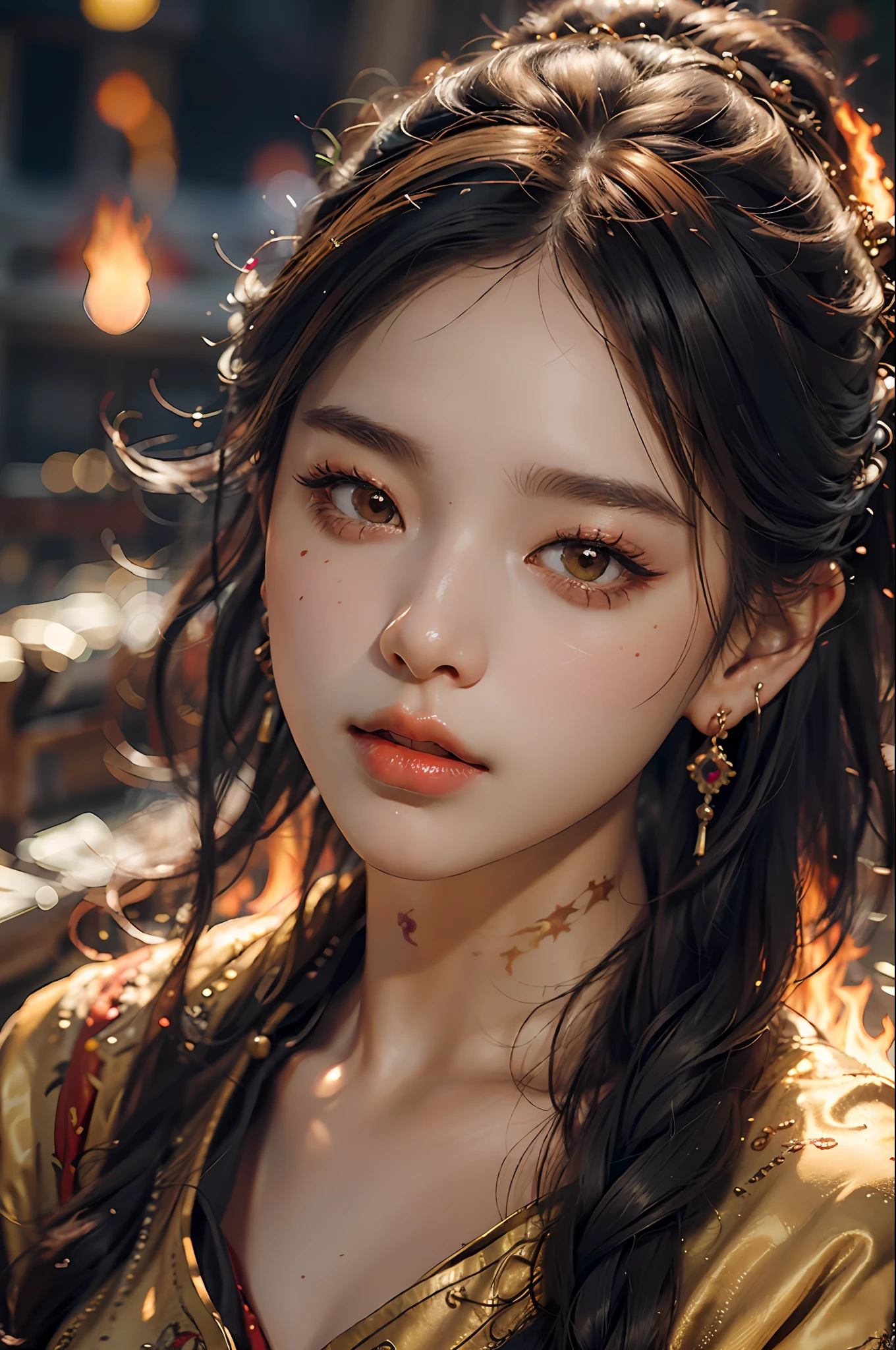 Best quality,masterpiece,ultra high res,(photorealistic:1.4)1girl,beautiful_face,detailed skin,full body,yuhuoshu,jewelry,solo,earrings,(fire:1.3),blurry,realistic,lips,