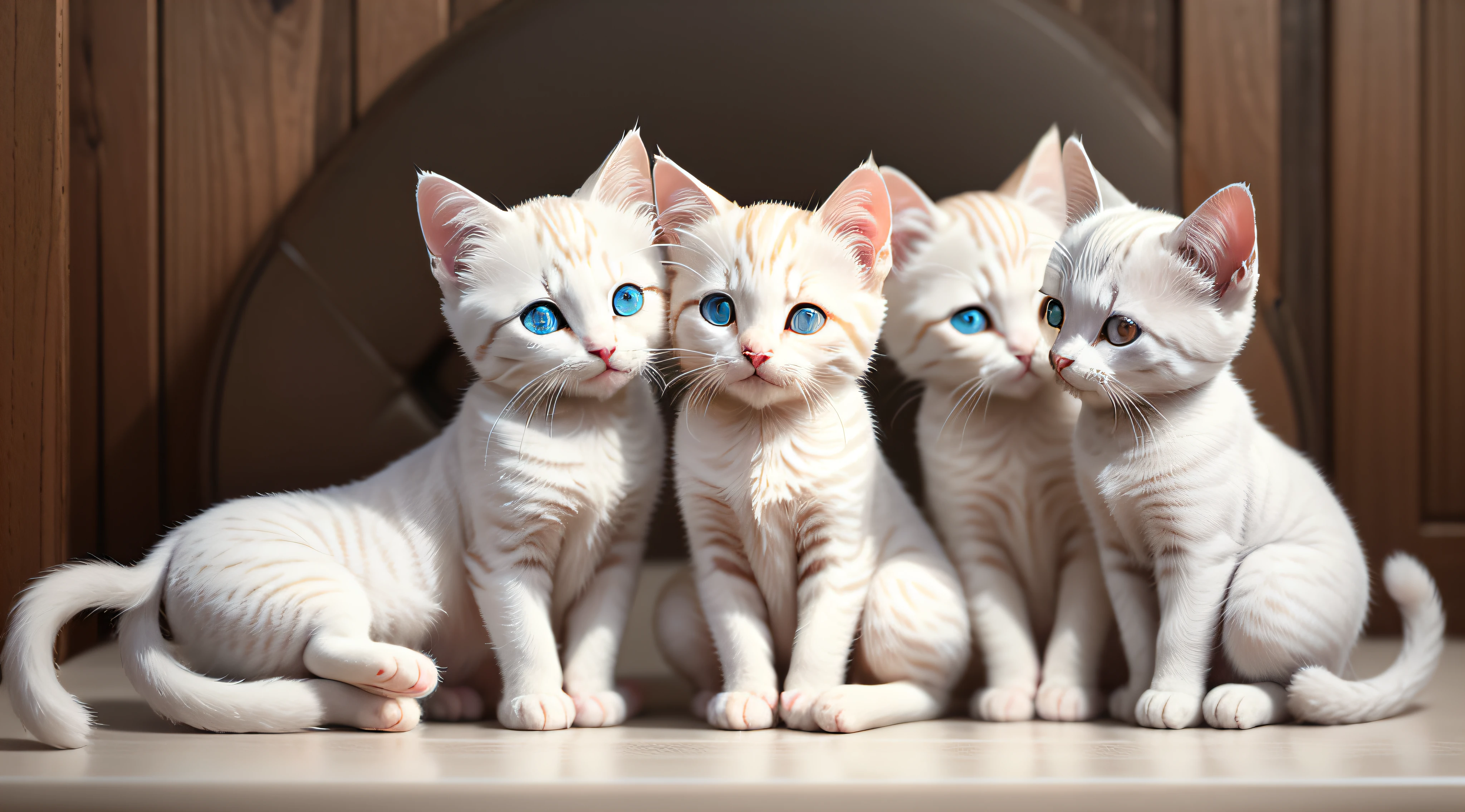 On the white table, five kittens lie side by side on it, cute, cute, the best quality, with vivid expressions and bright eyes --auto --s2