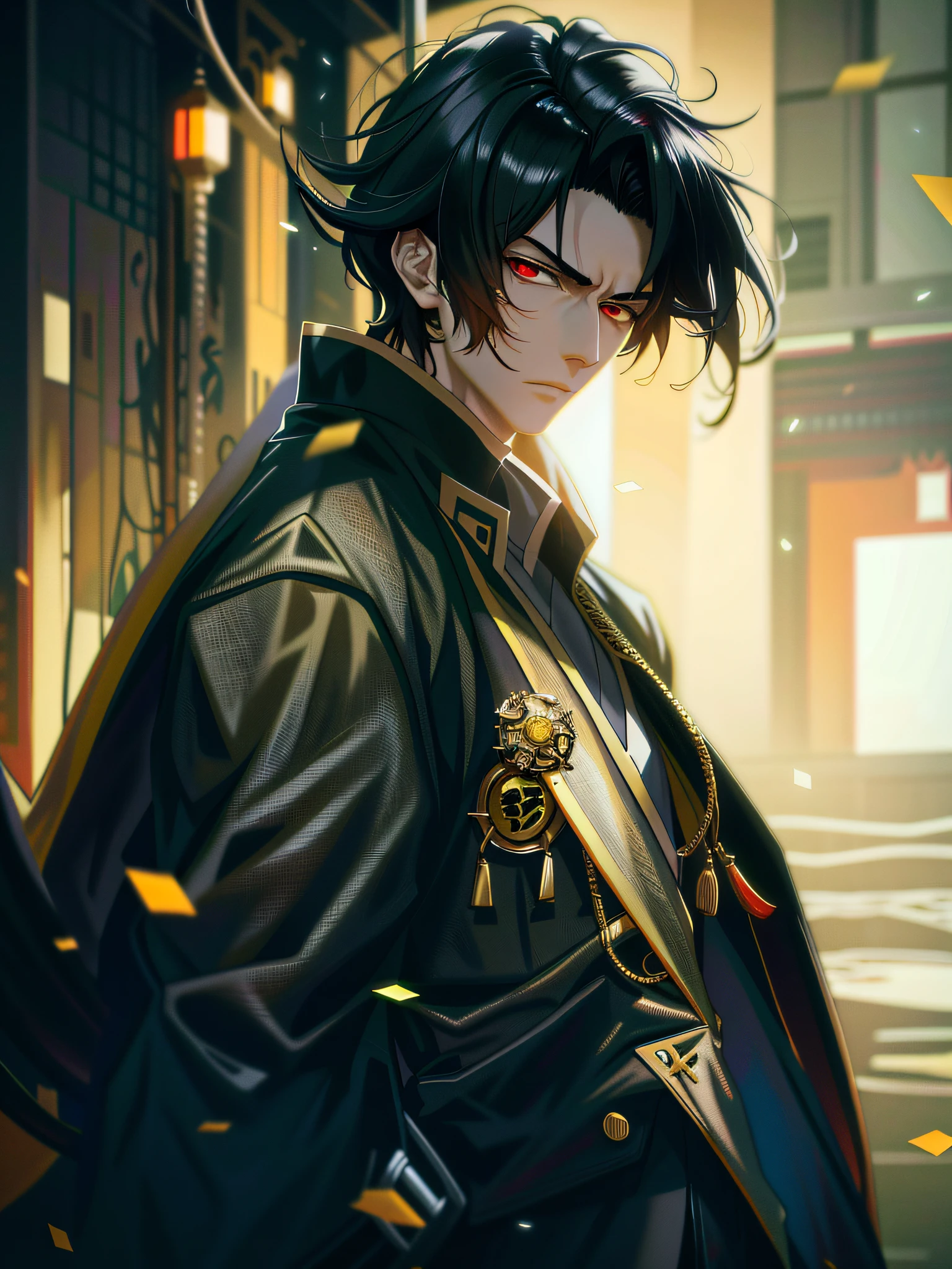 anime character with a black hair and a gold jacket, artwork in the style of guweiz, handsome guy in demon slayer art, guweiz on artstation pixiv, guweiz, guweiz on pixiv artstation, guweiz masterpiece, by Yang J, anime style 4 k, handsome japanese demon boy, badass anime 8 k