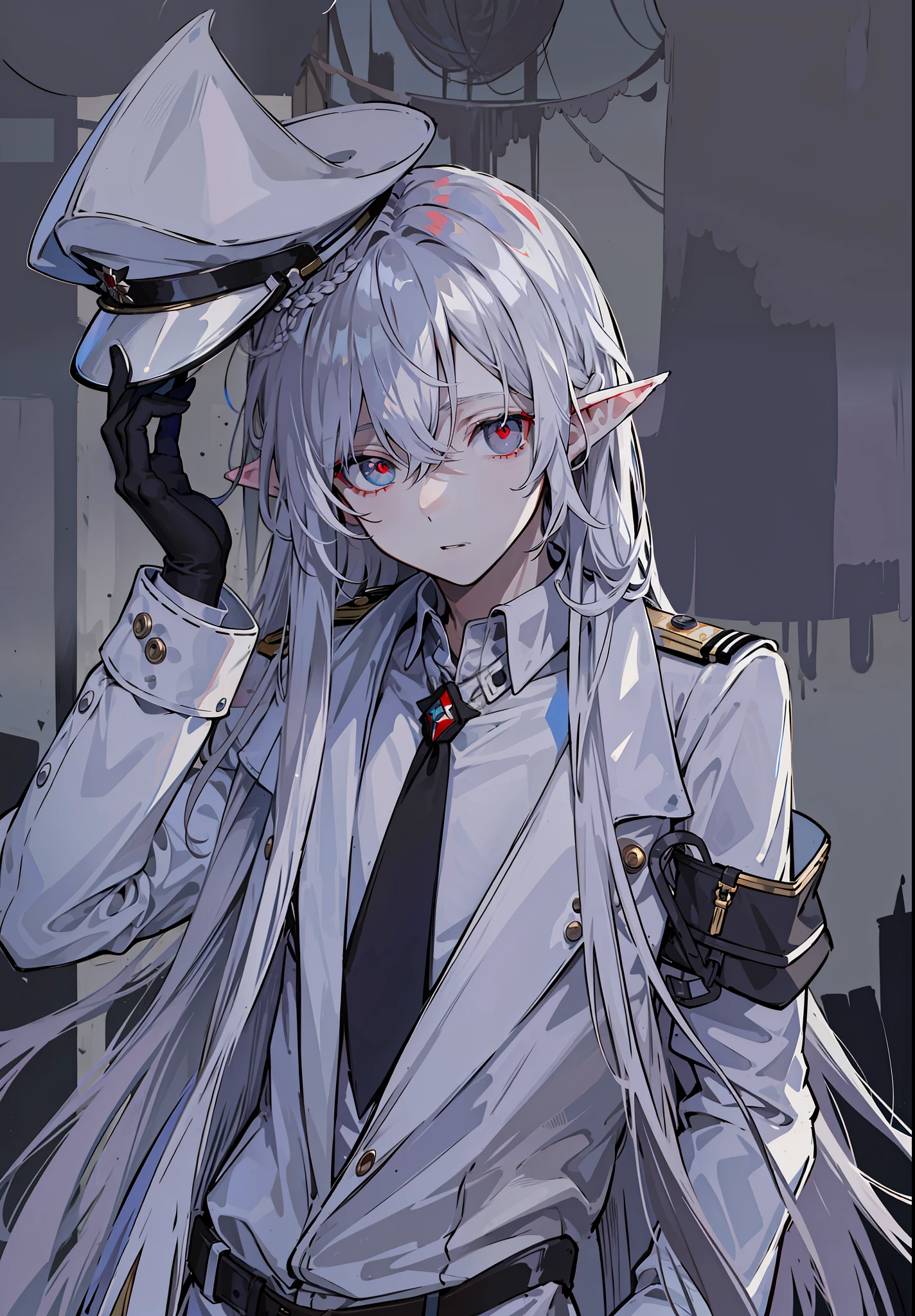 Masterpiece, best quality, high quality), 1 man, ((unmoved)), white hair, (long hair, messy hair), red eyes, :(, flowing hair, white hair male character, white long hair, half-body, high precision, fine, male character, HD face, fine eyes, military uniform, white military uniform, white tunic, elf ears, single, white long-sleeved coat, dark circles, different pupils, a red eye A dark blue eye, a black tie, a person, adult, youth