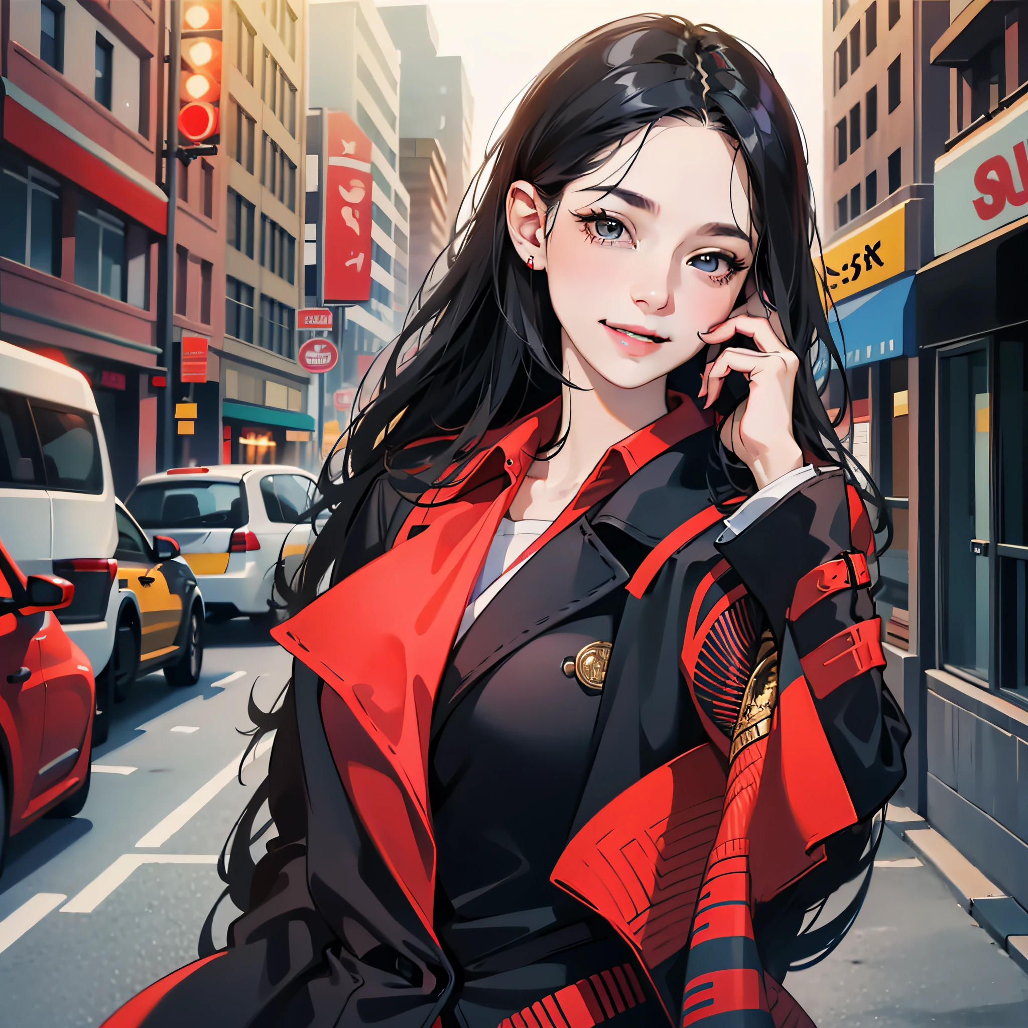 Female, delicate face, smile (0.1), long black hair, red trench coat, city street, bust, answering phone action