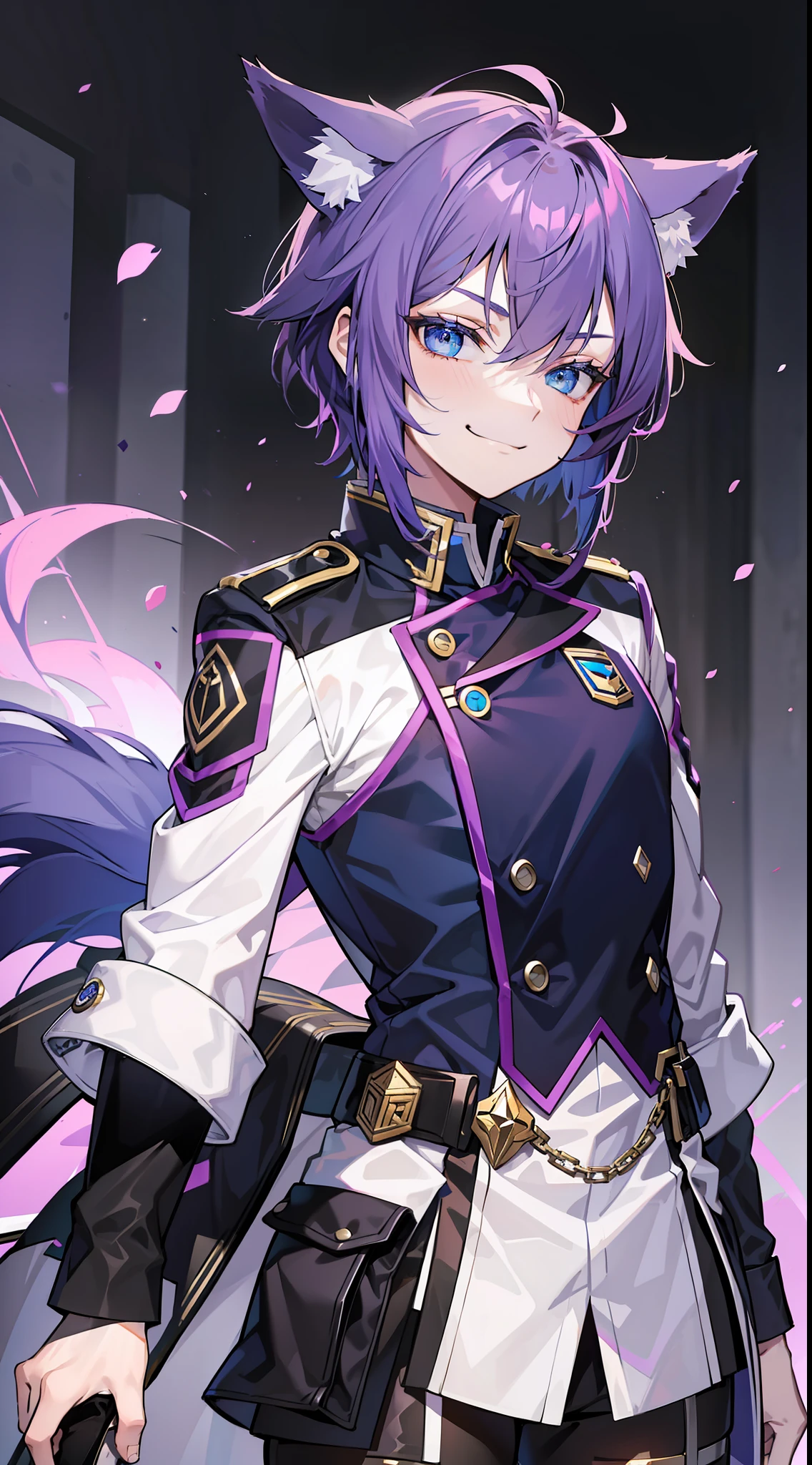 Young guy, short purple hair, blue eyes, wolf ears, dark officer's uniform, smirk, masterpiece, high quality