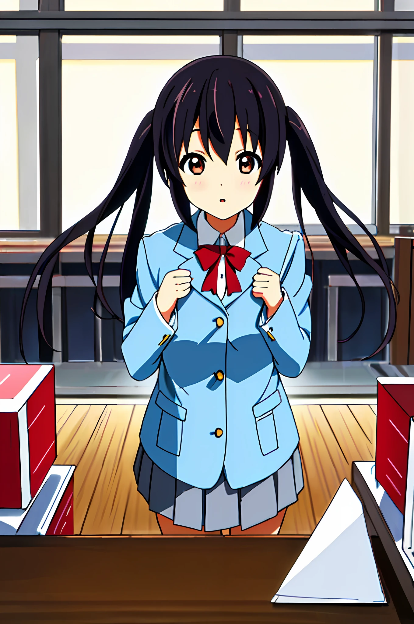 1girl, ((((Masterpiece))), Best Quality, Best Quality, High Detail, Azusa Nakano, 1girl, Sakuragaoka High School Uniform, Musical Instrument, School Uniform, Twin Tails, Long Hair, Black Hair, Brown Eyes, Solo, Red, Dark blue blazer with a thin ribbon of red, Solid white button shirt under blazer, Illustration, Cartoon, Soothing tones, Muted colors, Soft cinematic light, Adobe Lightroom, Photo Lab, HDR, complex and highly detailed, (((depth of field))))). (((Masterpiece))). (((highest quality))).) ((super detail))). (((Illustration))).Put your hands on your hips.Stretch your chest.Clench your fists.