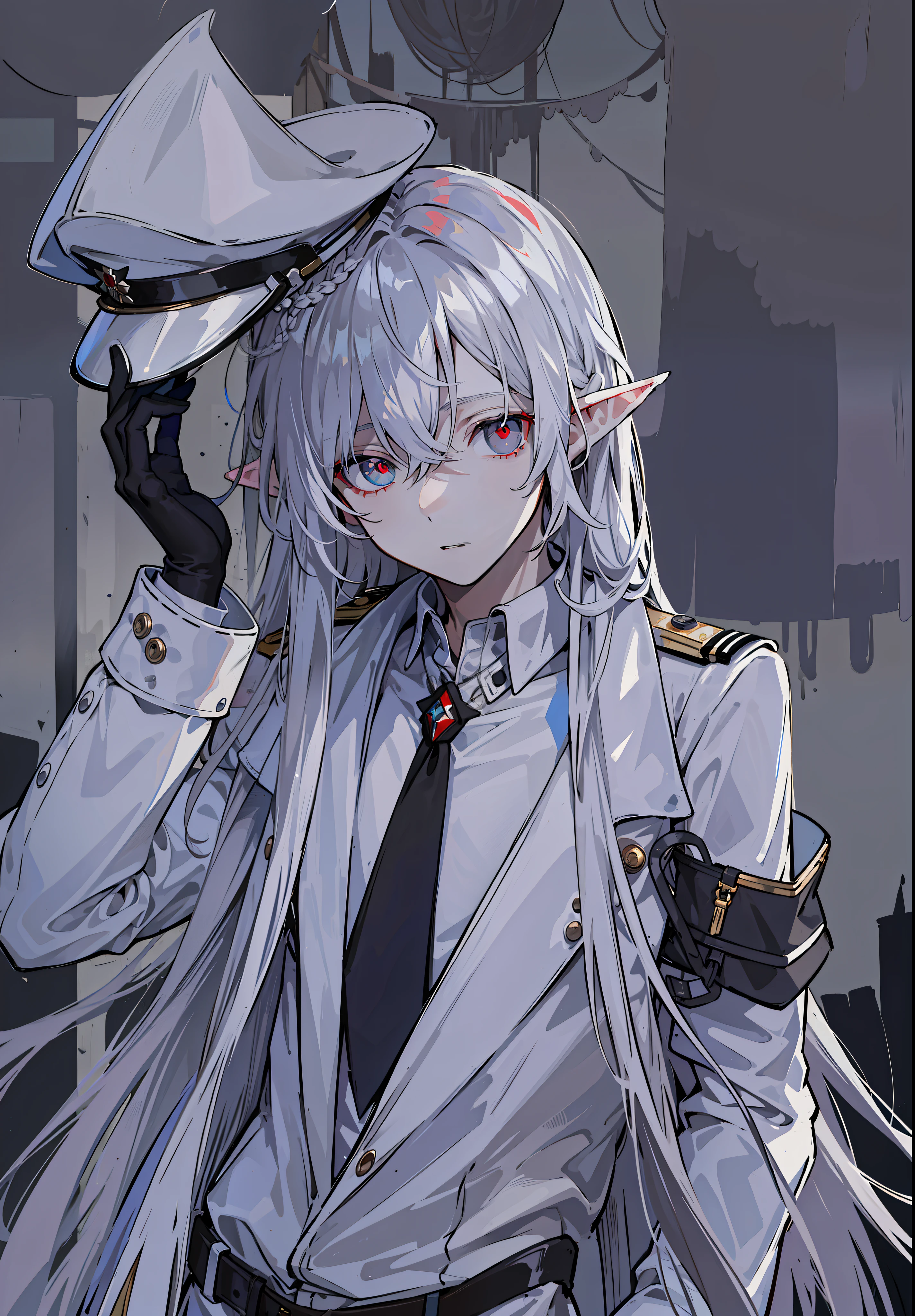 Masterpiece, best quality, high quality), 1 man, ((unmoved)), white hair, (long hair, messy hair), red eyes, :(, flowing hair, white hair male character, white long hair, half-body, high precision, fine, male character, HD face, fine eyes, military uniform, white military uniform, white tunic, elf ears, single, white long-sleeved coat, dark circles, different pupils, a red eye A dark blue eye, a black tie, a person, adult, youth
