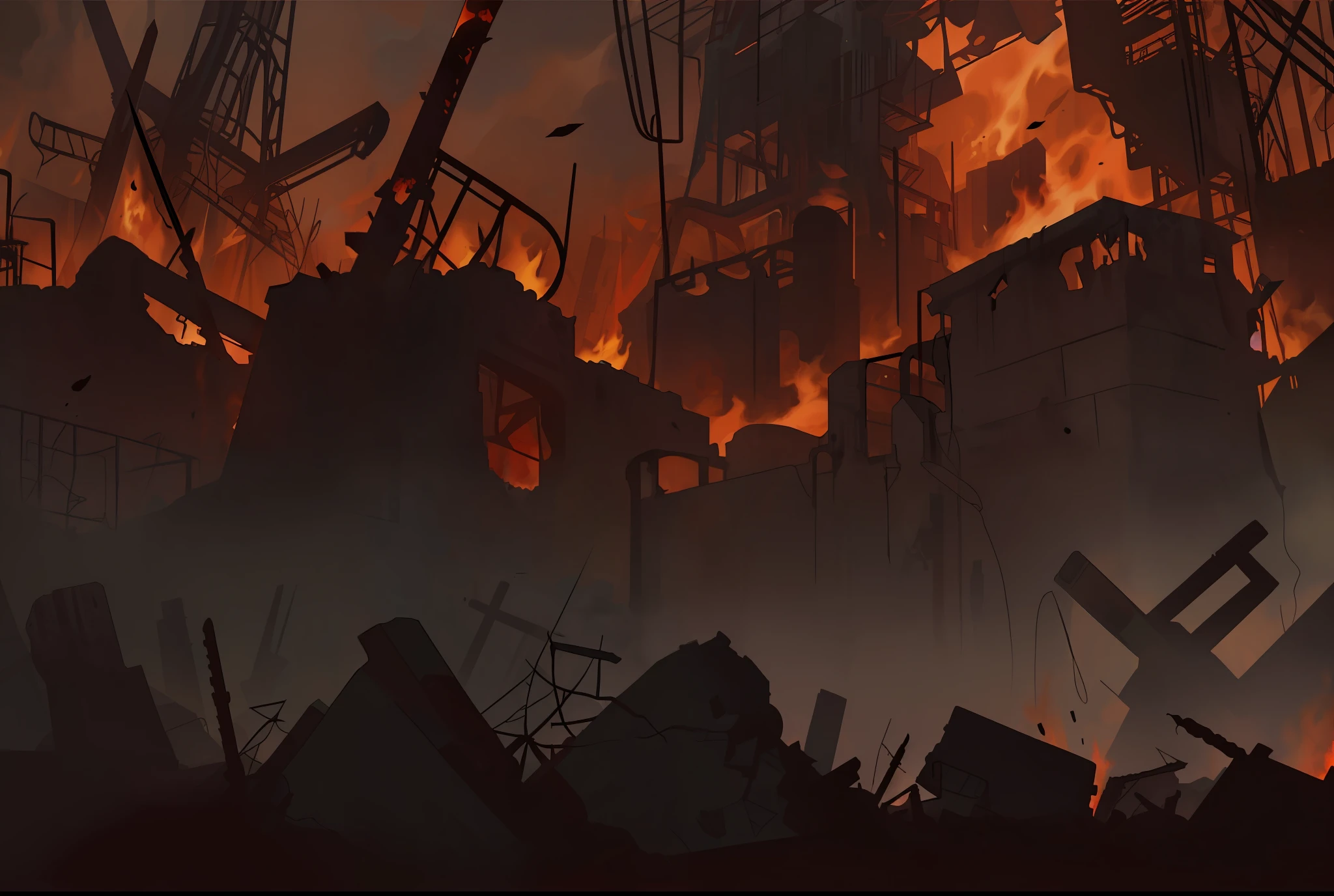 An abandoned factory scene, hell background, hellfire background, arena background, abandoned factory, bloodbath battlefield background, burning battlefield background, cave background, battlefield background, riot background, angry flames and ruins, fire environment, dungeon background, game background