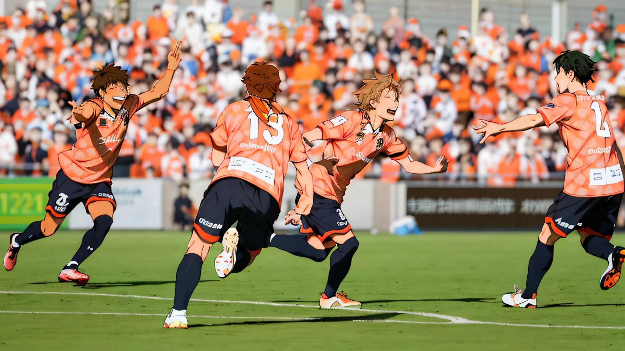 players in orange uniforms celebrating a goal on a soccer field, ehime, celebrate goal, dynamic!!, celebration, rectangle, decorated, very excited, the atmosphere is cheerful, masterpiece!!, attacking, keita morimoto, imari, ayami kojima and lyde caldwell, maya takamura, akira toriyama 📹, ayaka, !!beautiful!!