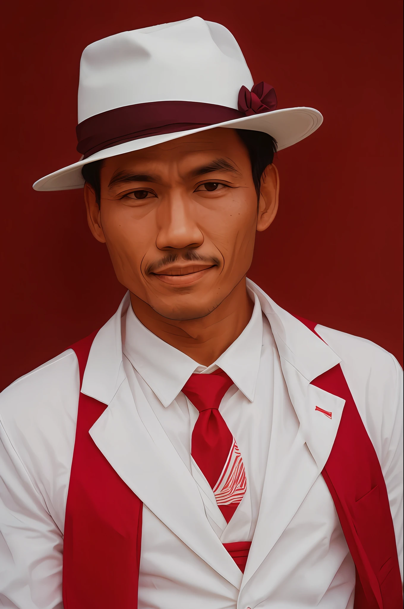 man wearing white suit and red tie and hat, a man in hat, white suit and hat, profile picture, portrait