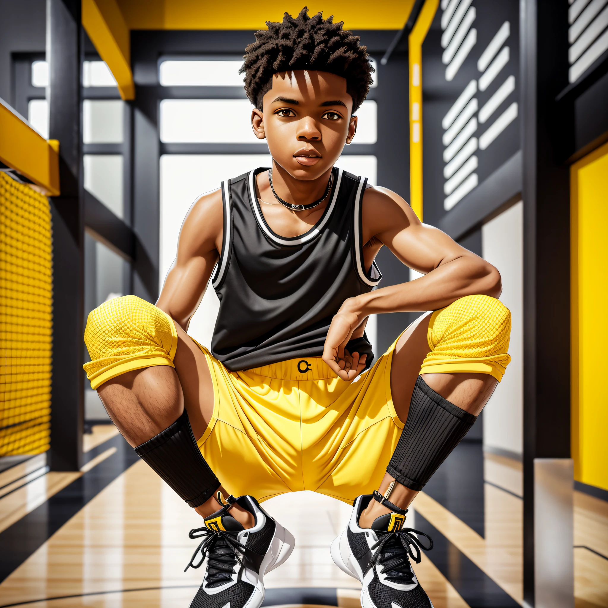 The middle boy, with light yellow pants focused, black basketball in his right hand, with a refreshing black top, white straps look youthful and energetic, and black sneakers set the tone for the picture again. --auto --s2