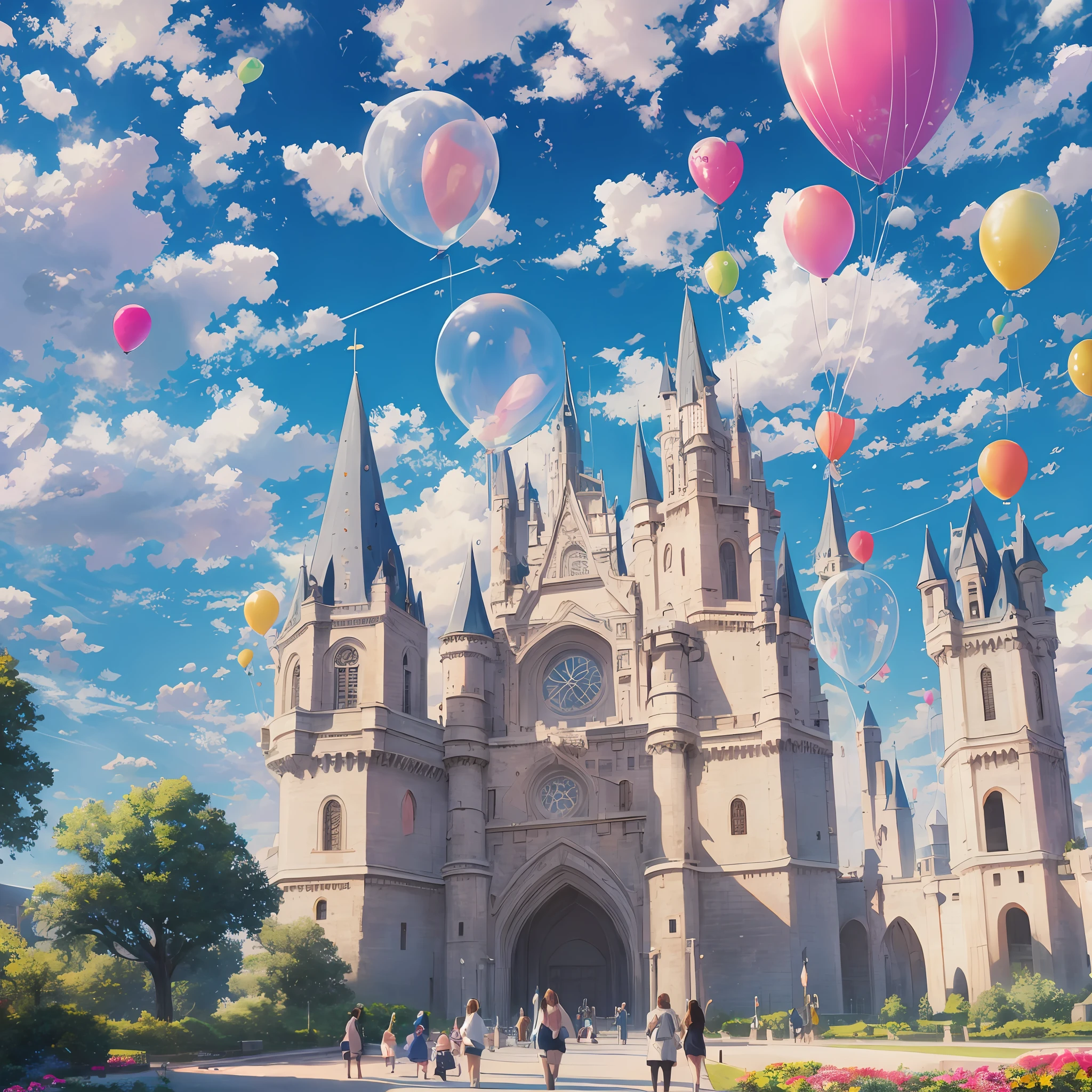 Miggy, castle, sky, outdoor, clouds, landscape, no people, flowers, balloons, blue sky, sky. --auto --s2