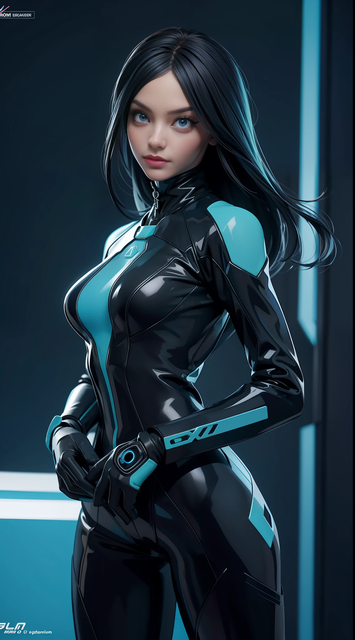 solo, super fine photo, portrait Unreal Engine 5 8K UHD of beautiful and cute girl, cyan and black color scheme tight cybernetic latex catsuit, cyberpunk face mask, cybernetic glove, futuristic design, navy neon lights details, beautiful make up, luxurious, best quality, masterpiece, official art, unified 8k wallpaper, super detailed, sharp focus, dynamic pose, body parts