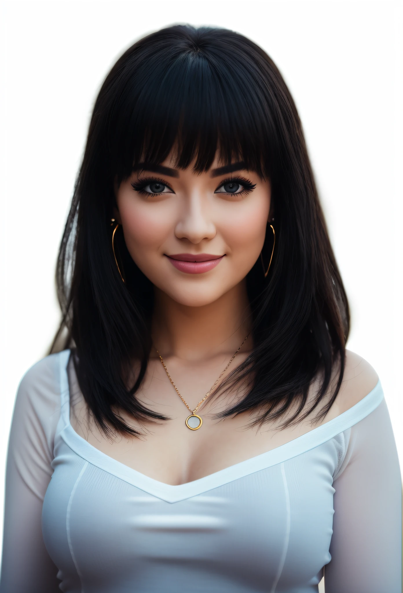 8k, RAW photography, portrait, Top Quality, Ultra HD, Photorealistic, 1 girl, 23 year old beauty, Eyes down, Face-to-chest upscale, Earrings, White sleeveless, Plump, Smile, Eyelashes, Beautiful breasts, Outdoor bright daytime, Movie lighting, Depth of field, Lens flare