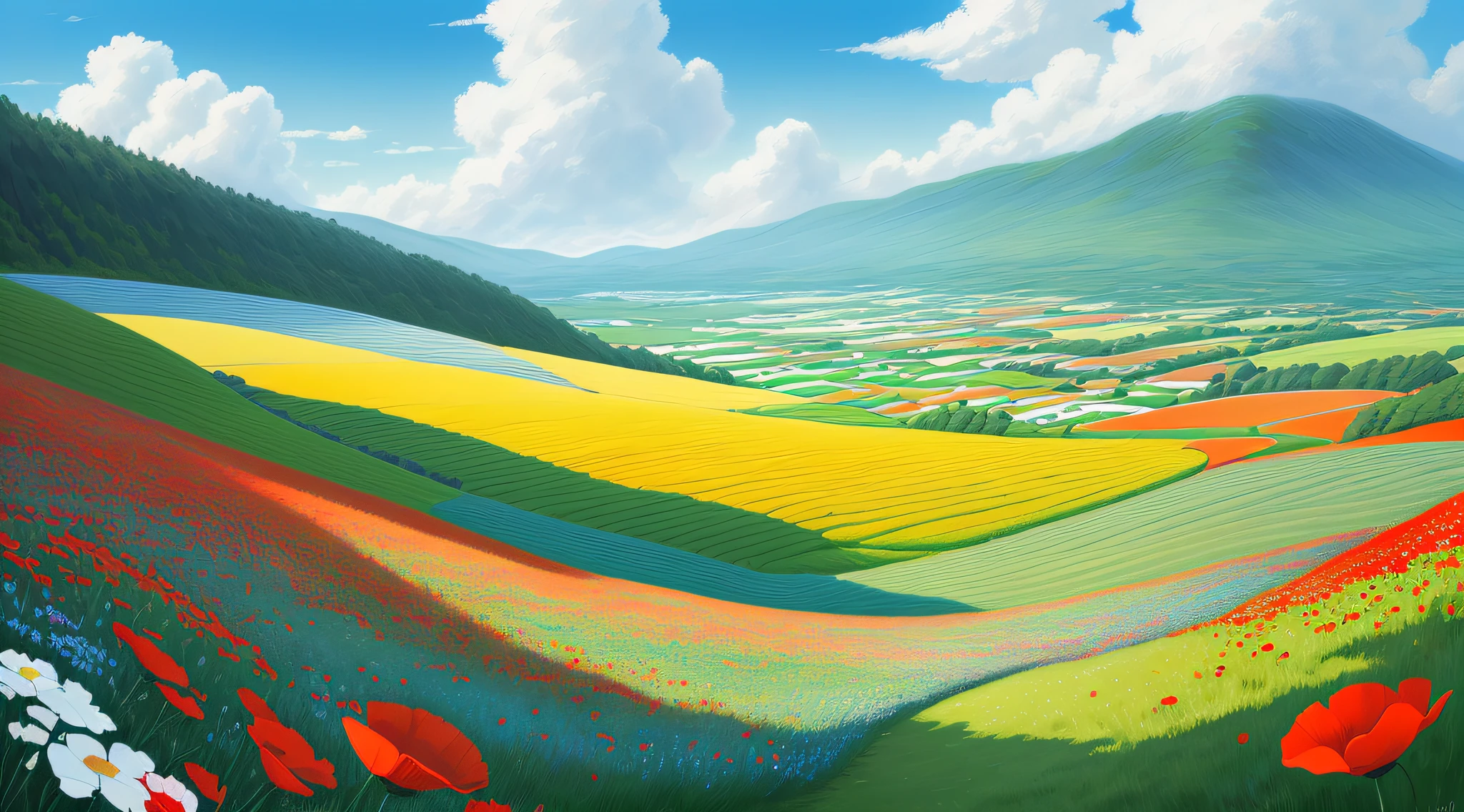 Realistic, Beautiful and Amazing Landscape Oil Painting Studio Ghibli Hayao Miyazaki's colorful petal grassland with blue sky and white clouds, in front large colorful field flowers like poppies --v6