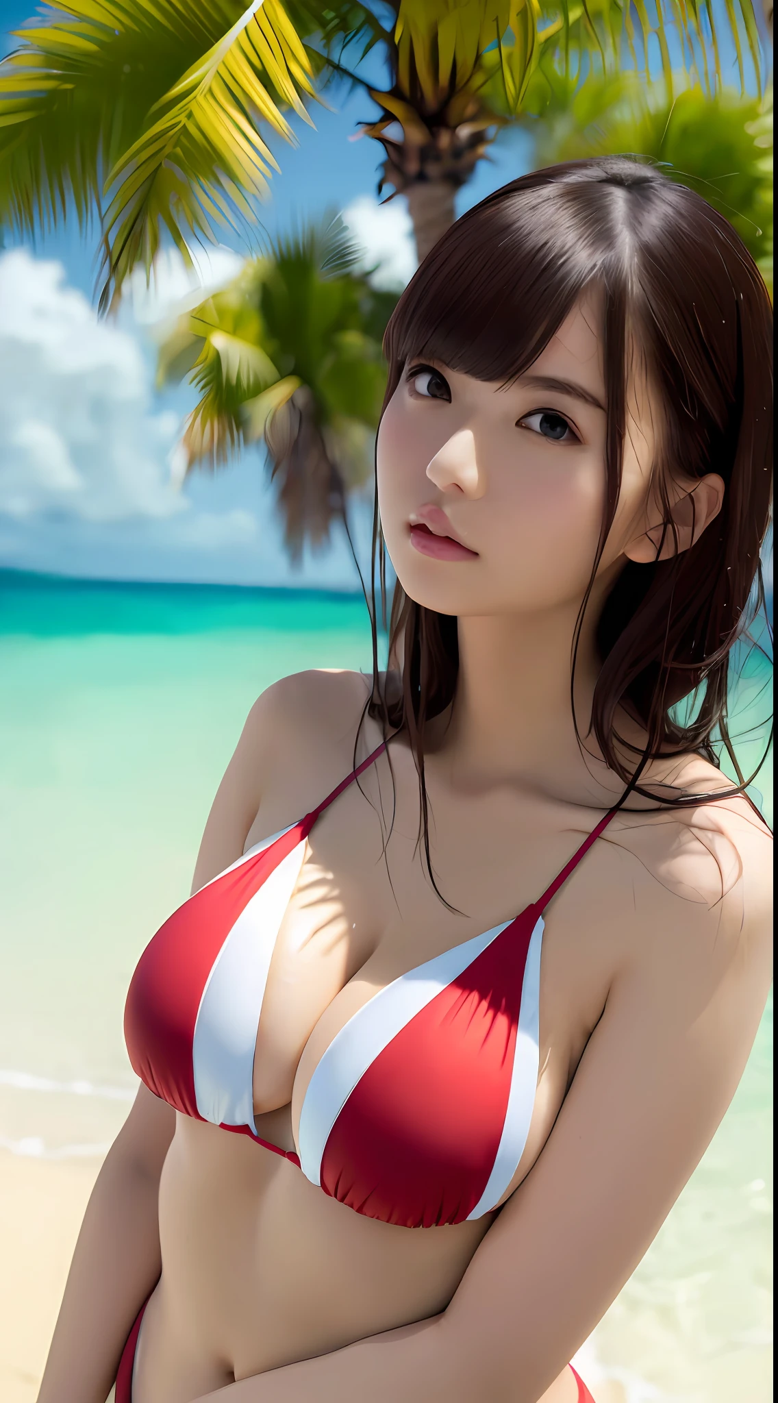 (Best Quality, 8k, 32k, Masterpiece, UHD: 1.2), Cute Japan Woman Pictures, One Girl, (Big), (Tall Women), (Abs), (Lips), (Medium Short Dark Brown Hair), Double Eyelids, Wet Skin, T-Back, Realistic Rays, Beach (Red Micro Bikini),