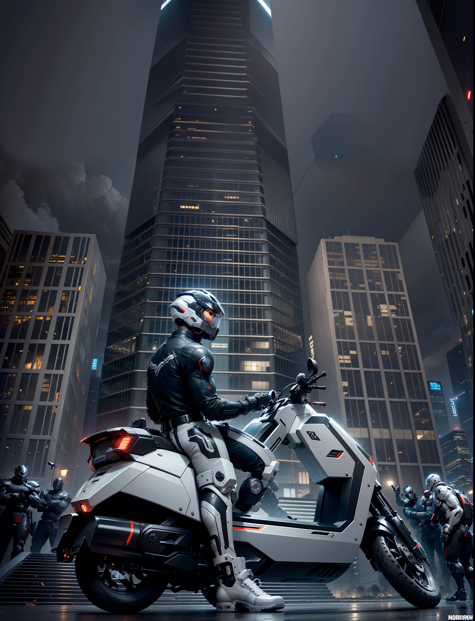 Cyber Warrior & Cybertech Mechanical Motorcycle, Mighty Male Warrior, Nousr, Biomechanics, MSHN Robot Man, Cybertech Full Surround Helmet, Surreal, Steel, Intricate Design, Crazy Detail, Fine Detail, Extremely Clear Lines, Cinematic Lighting, Photo Realistic, Detailed Masterpiece