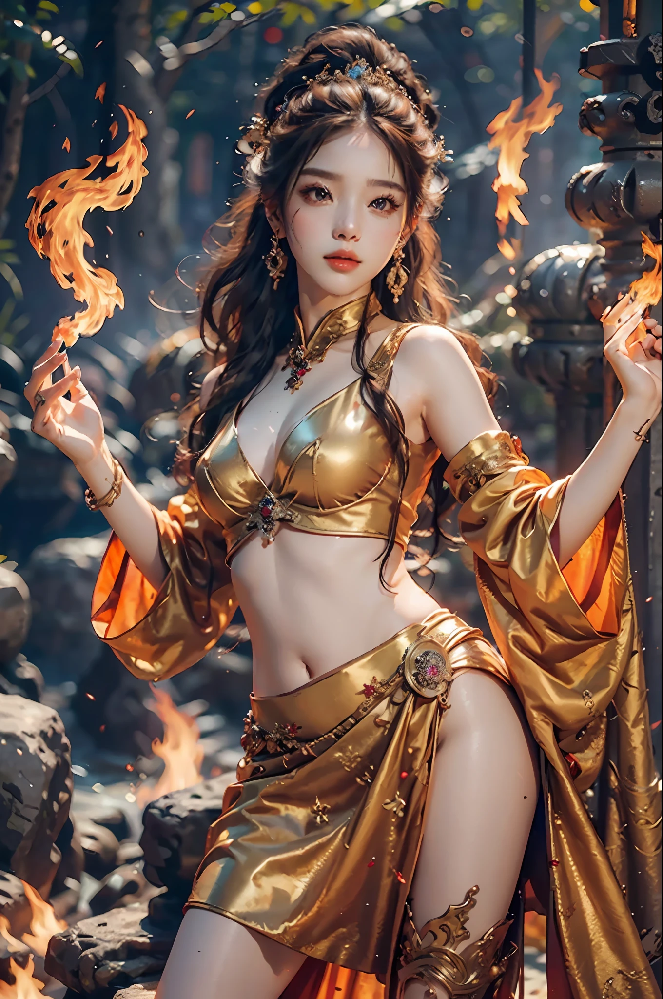 Best Quality, Masterpiece, Ultra High Resolution, (Realistic: 1.4) 1 Girl, beautiful_face, Detailed Skin, Full Body, Yuhuo, Fire, Jewelry, Solo, Earrings, (Fire: 1.3), Blur, Realistic, Lips,