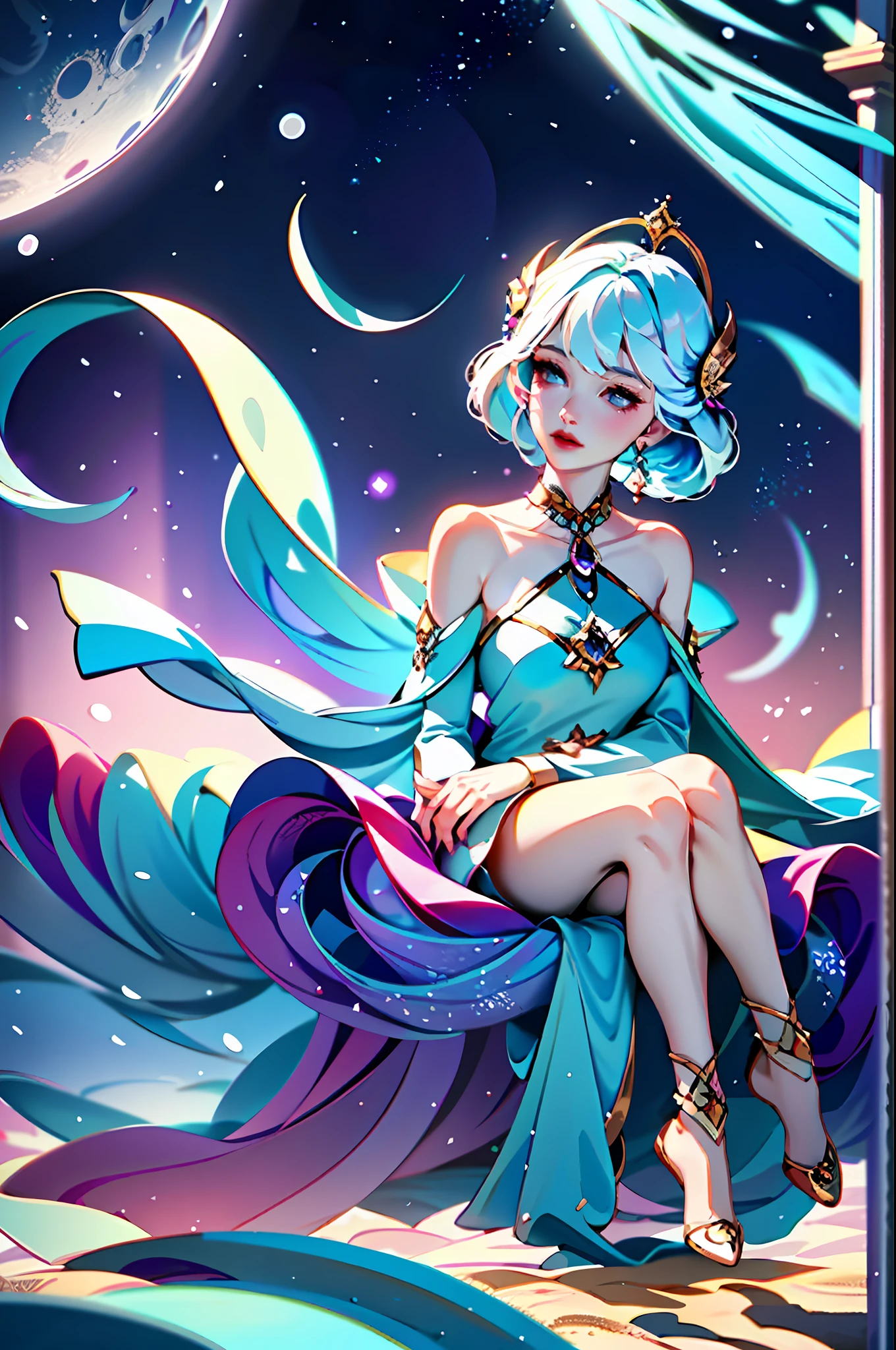 a close up of a woman in a dress sitting on a table, lunar themed attire, ethereal and dreamy, ethereal fairytale, ethereal fantasy, ethereal beauty, lalisa manobal, very magical and dreamy, real photoshoot queen of oceans, ethereal!!!!!!!, jellyfish priestess, astral witch clothes, closeup fantasy with water magic, dreamy and ethereal, astral fairy